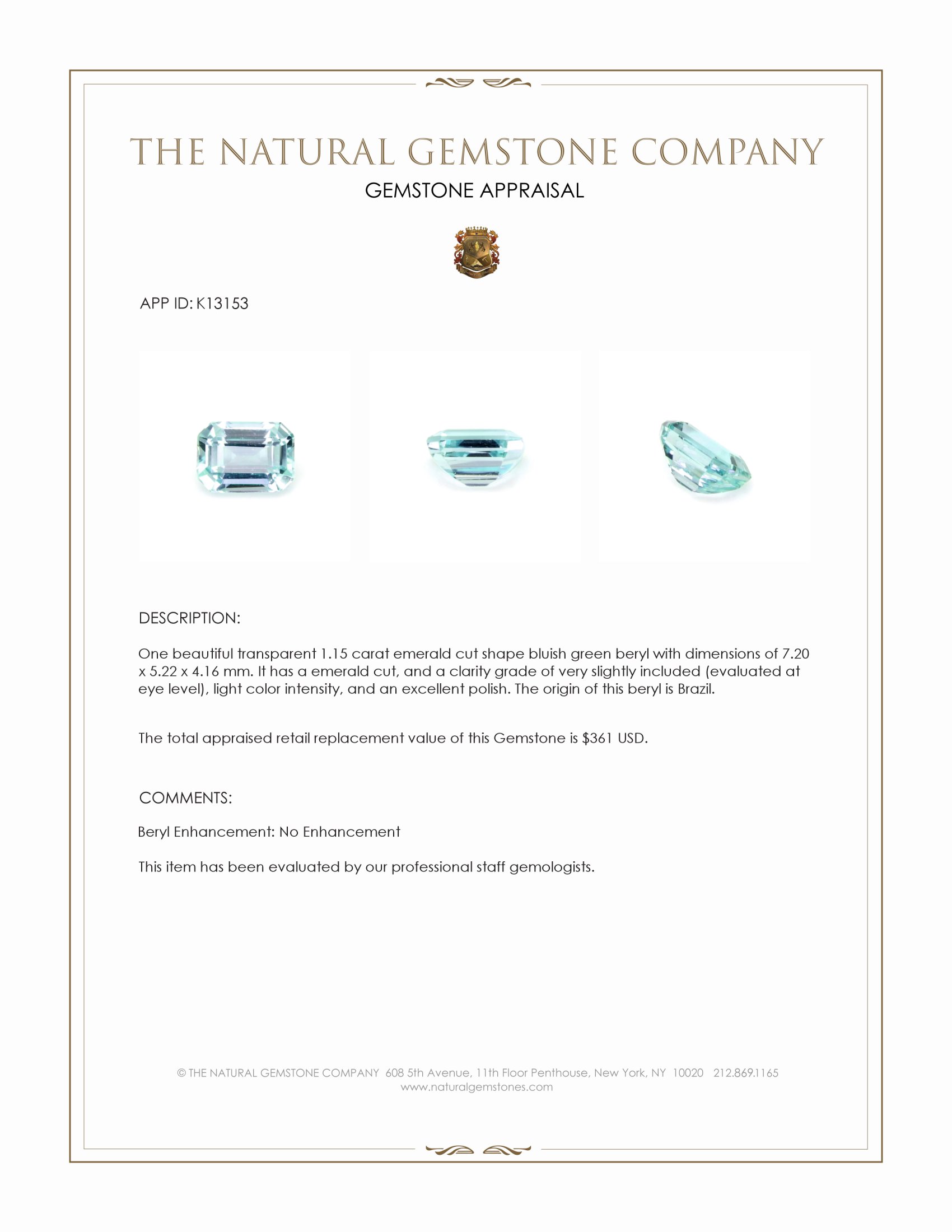 1.15 Ct. Bluish Green Beryl from Brazil