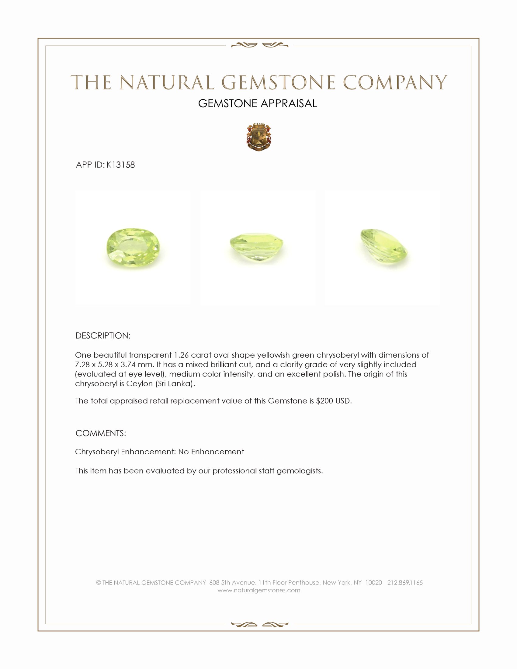 1.26 Ct. Yellowish Green Chrysoberyl from Ceylon (Sri Lanka)