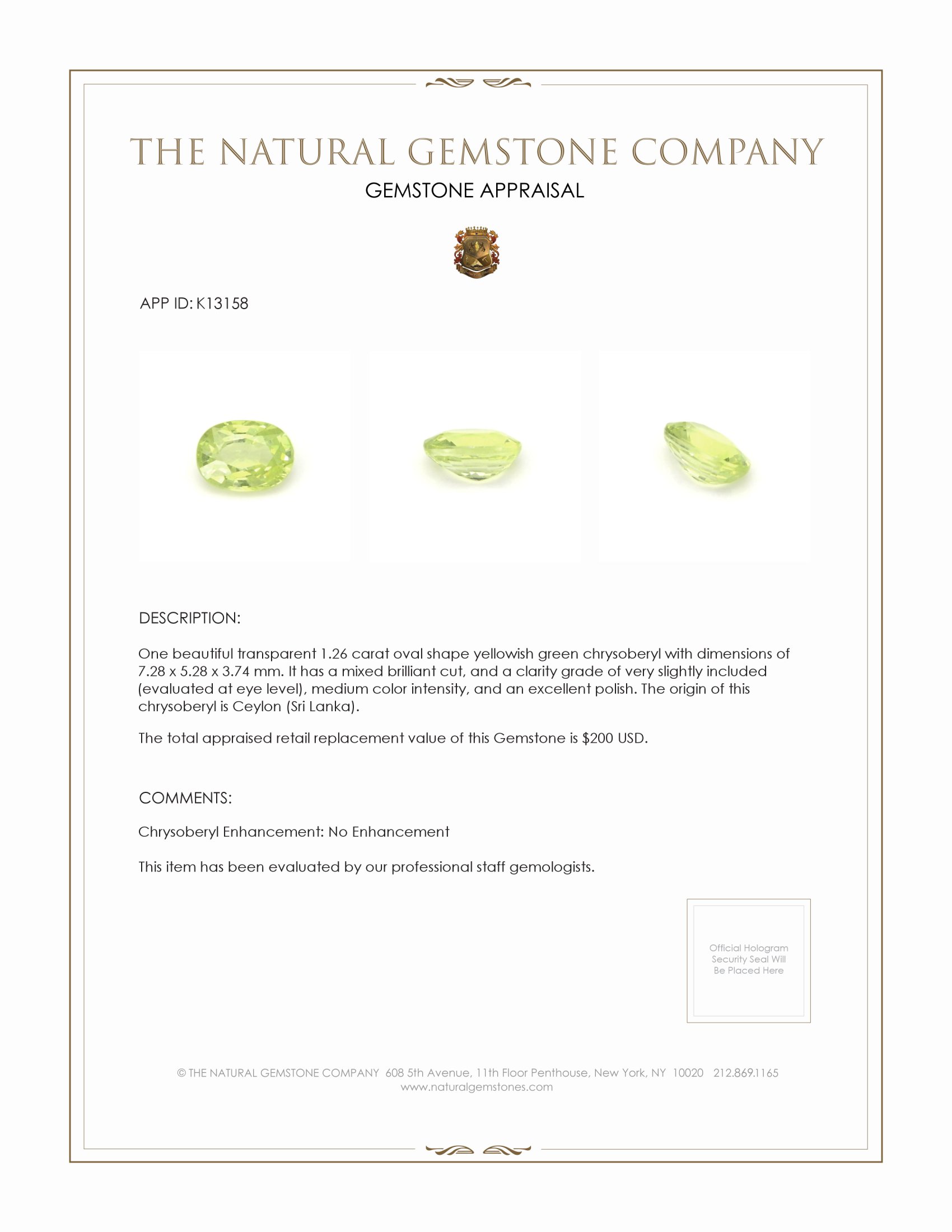 1.26 Ct. Chrysoberyl from Ceylon (Sri Lanka)