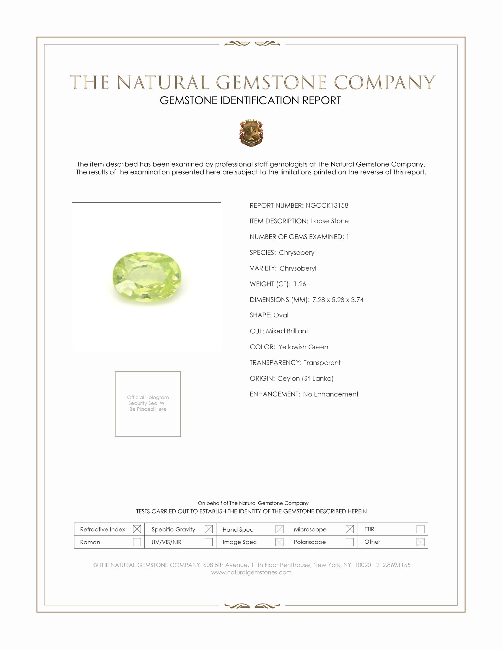 1.26 Ct. Yellowish Green Chrysoberyl from Ceylon (Sri Lanka)