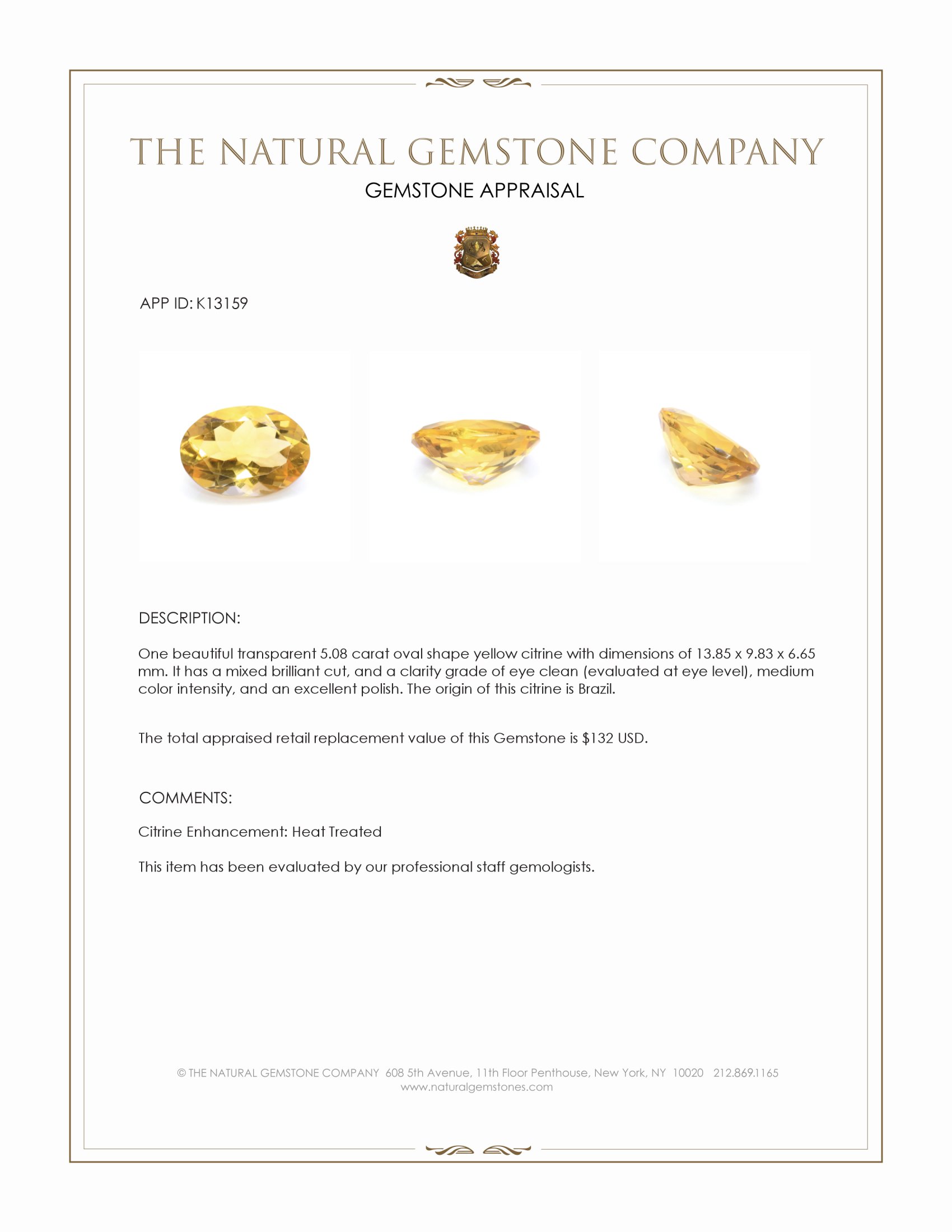 5.08 Ct. Yellow Citrine from Brazil