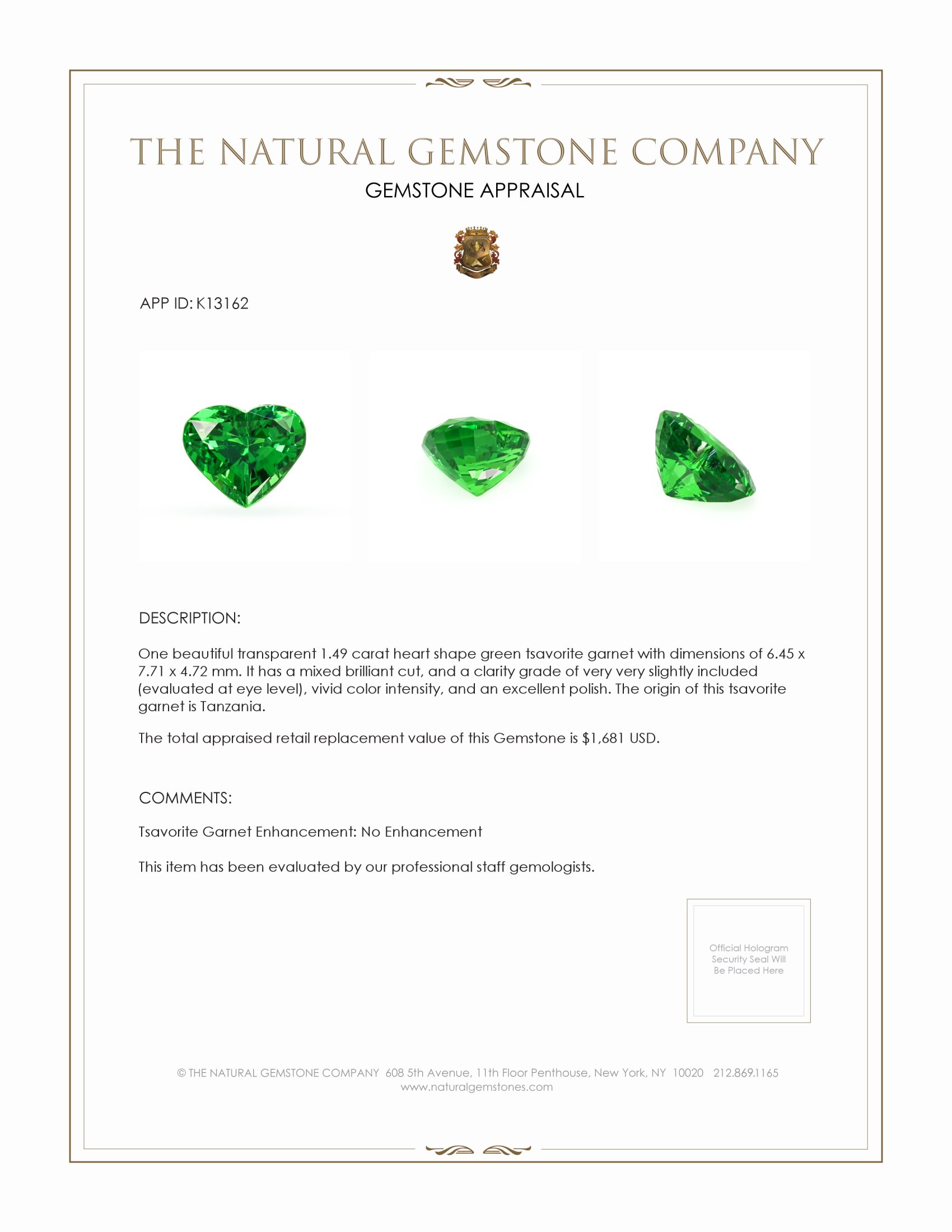 1.49 Ct. Tsavorite Garnet from Tanzania