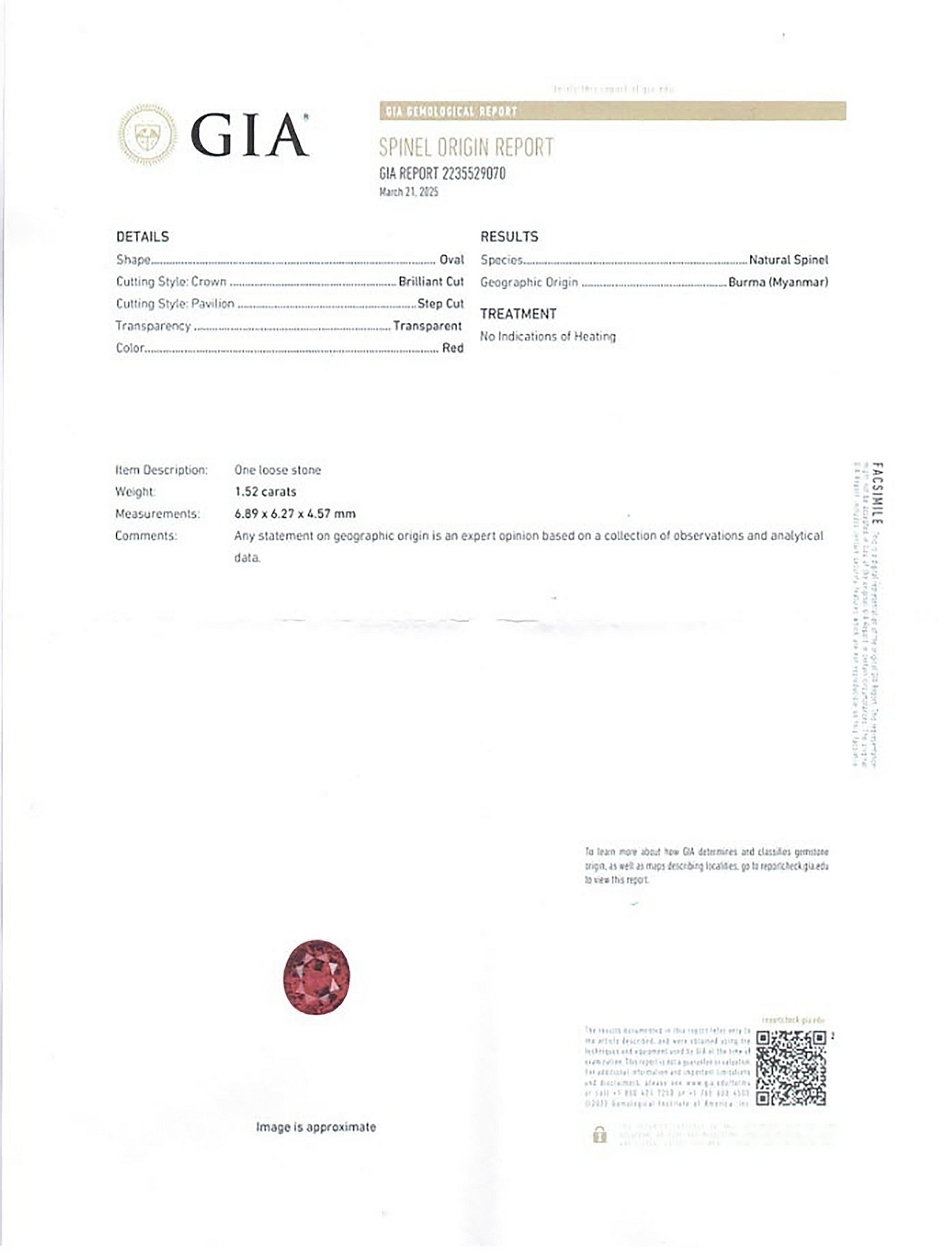 1.52 Ct. Red Spinel from Burma (Myanmar)