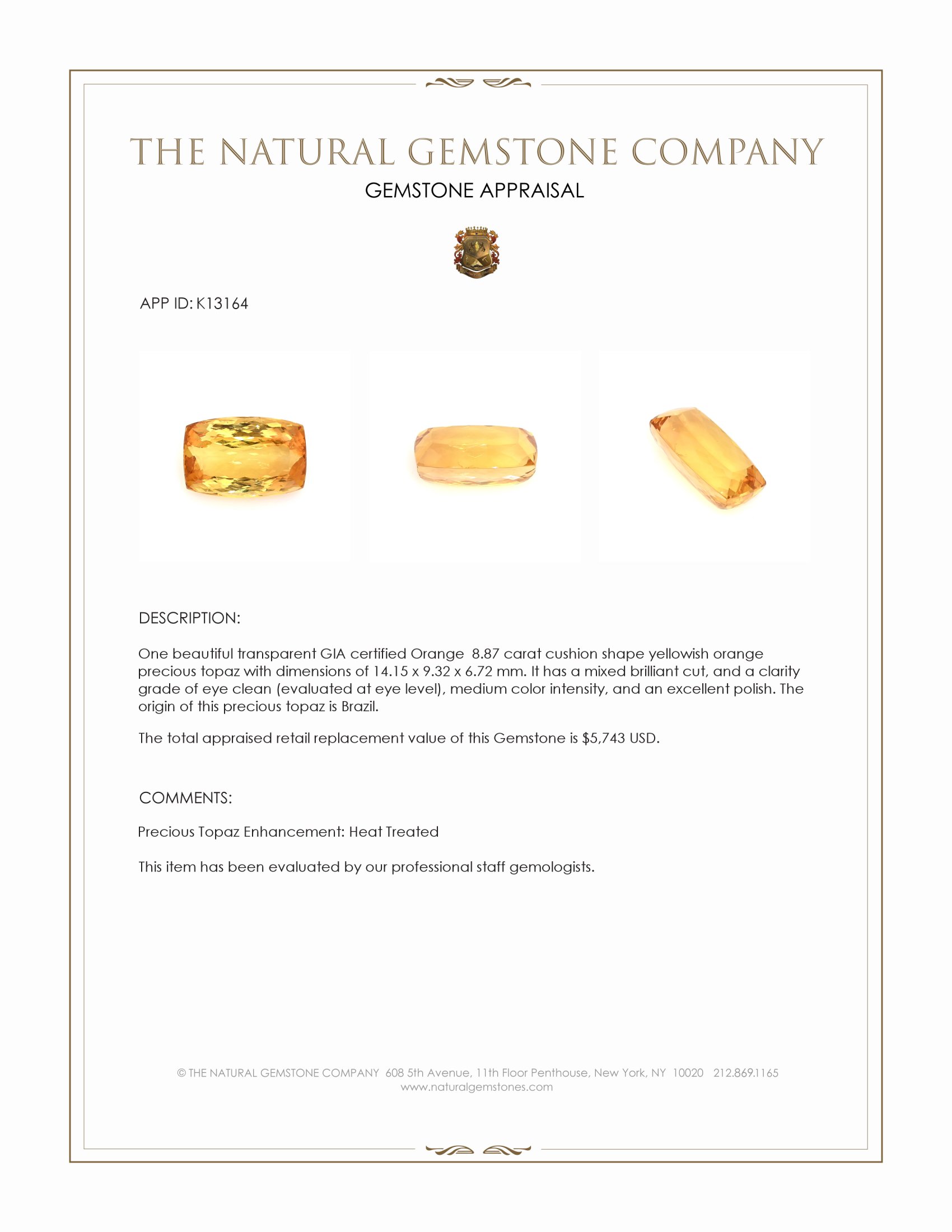8.87 Ct. Orangish Yellow Precious Topaz from Brazil