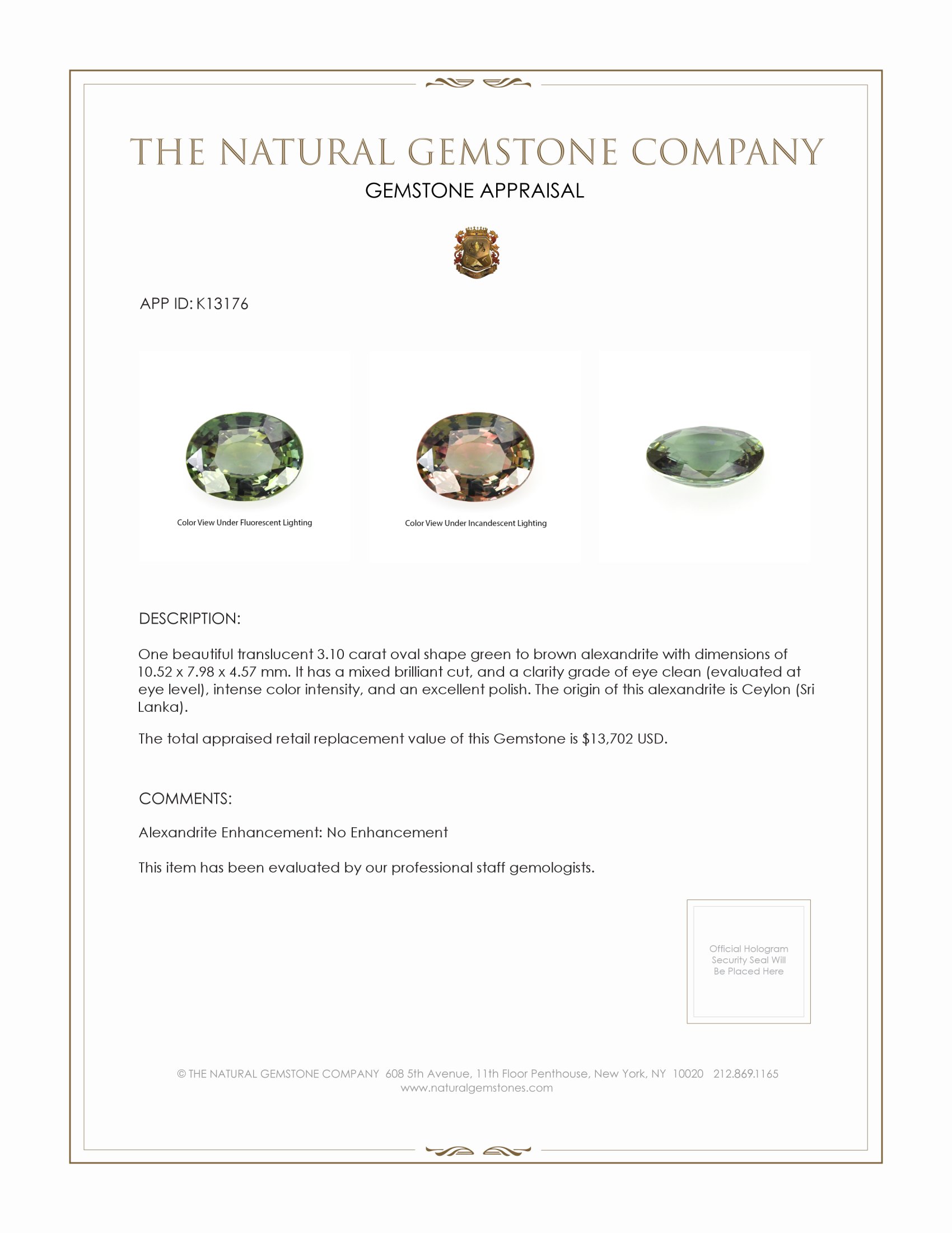 3.10 Ct. Alexandrite from Ceylon (Sri Lanka)