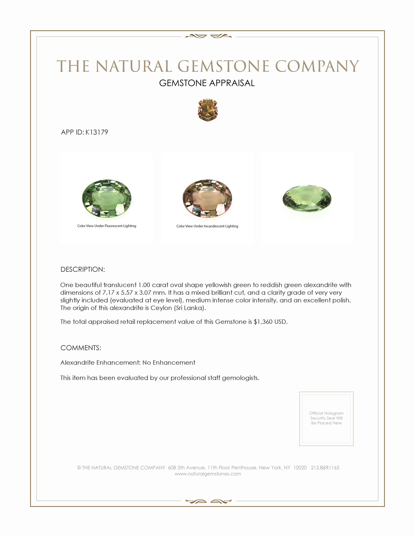 1.00 Ct. Alexandrite from Ceylon (Sri Lanka)