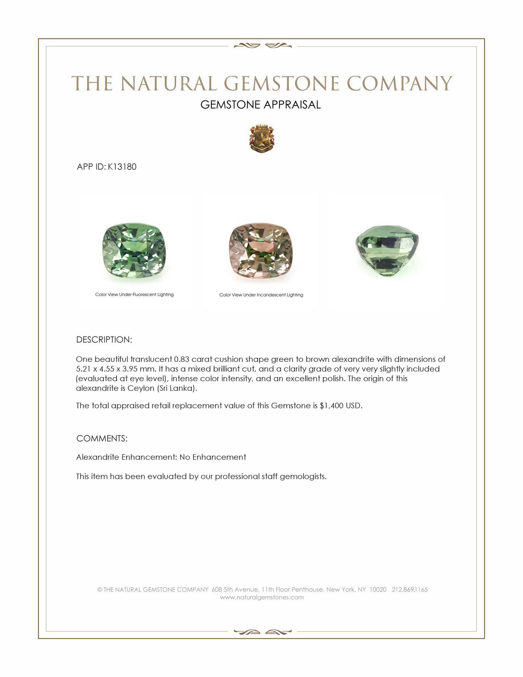 0.83 Ct. Alexandrite from Ceylon (Sri Lanka)