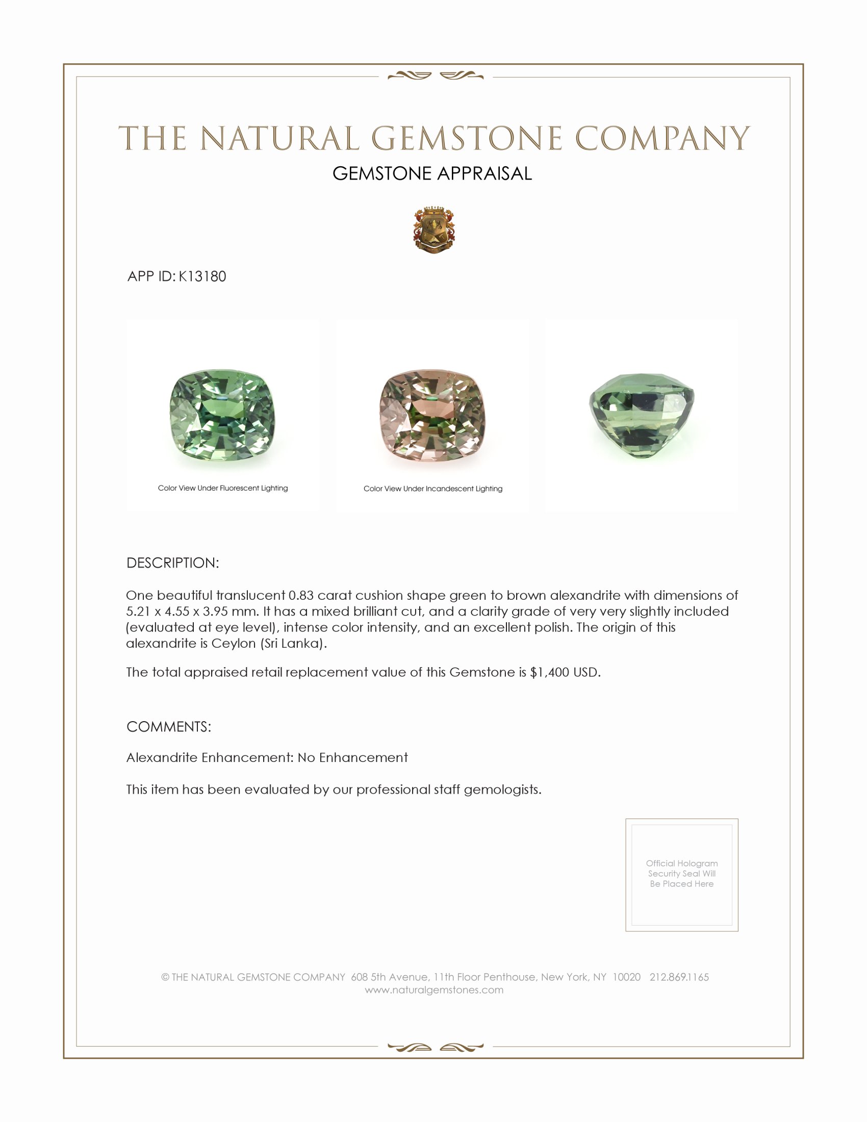 0.83 Ct. Alexandrite from Ceylon (Sri Lanka)