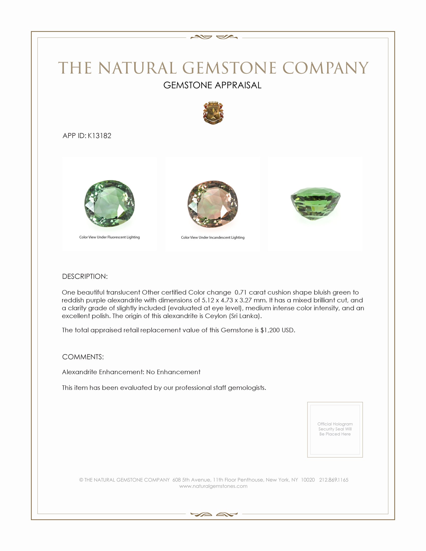 0.71 Ct. Alexandrite from Ceylon (Sri Lanka)