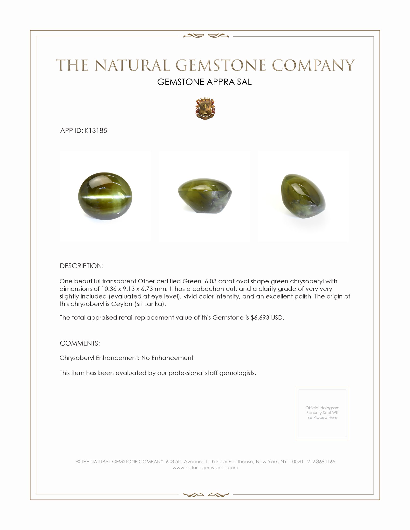 6.03 Ct. Cabochon Chrysoberyl from Ceylon (Sri Lanka)