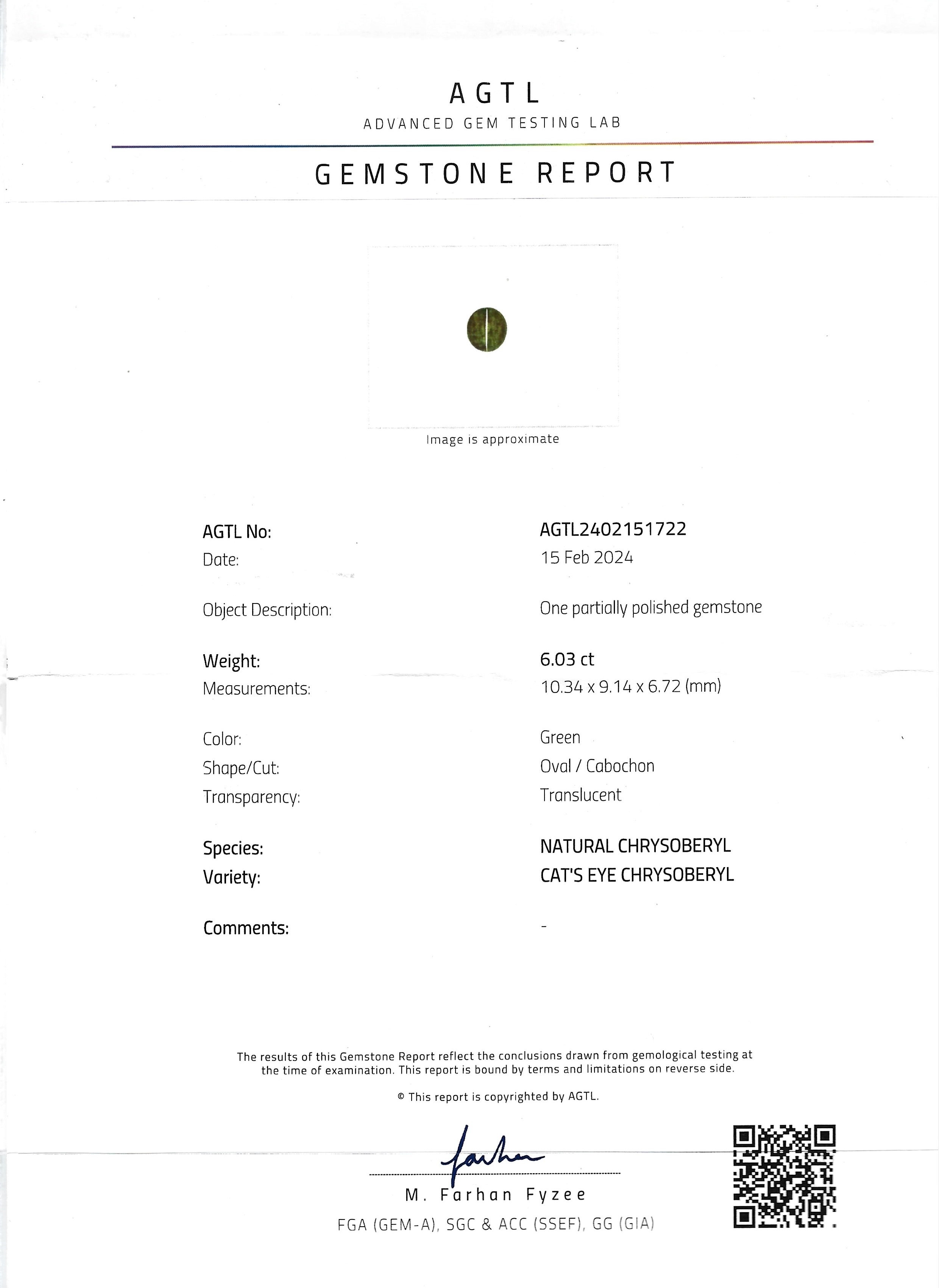 6.03 Ct. Cabochon Chrysoberyl from Ceylon (Sri Lanka)