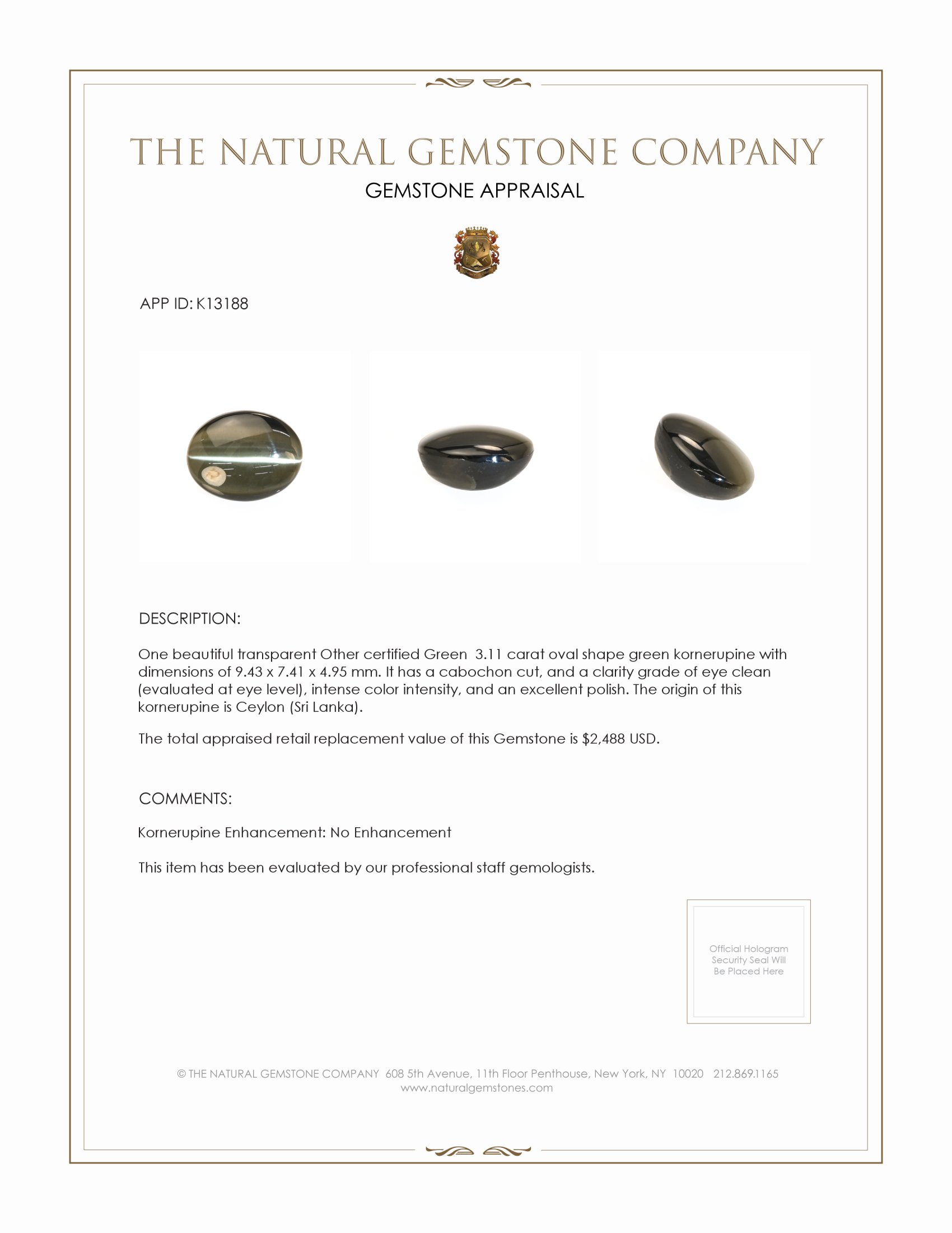 3.11 Ct. Cabochon Kornerupine from Ceylon (Sri Lanka)