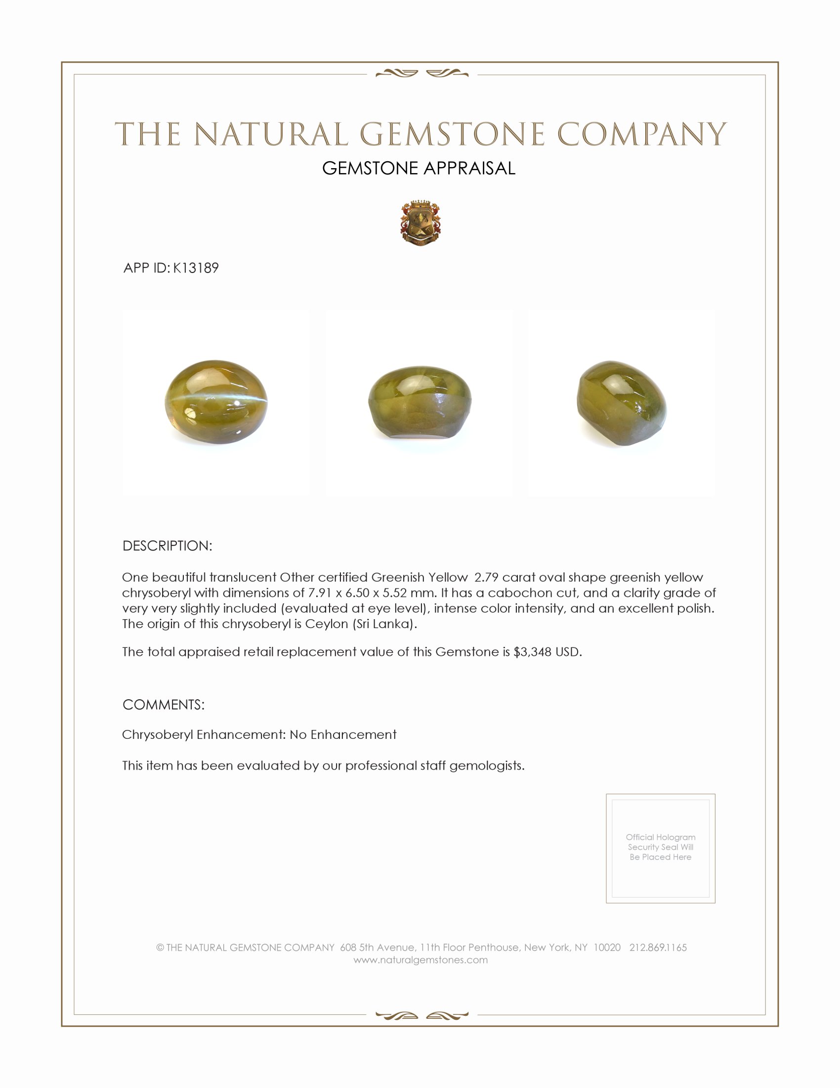 2.79 Ct. Cabochon Chrysoberyl from Ceylon (Sri Lanka)