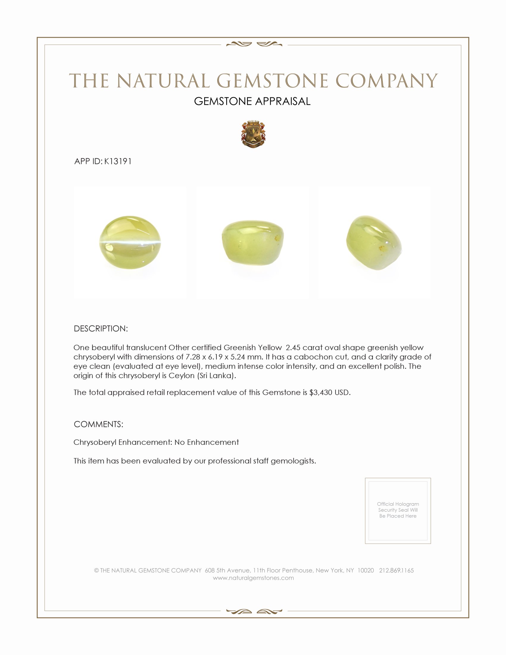 2.45 Ct. Cabochon Chrysoberyl from Ceylon (Sri Lanka)