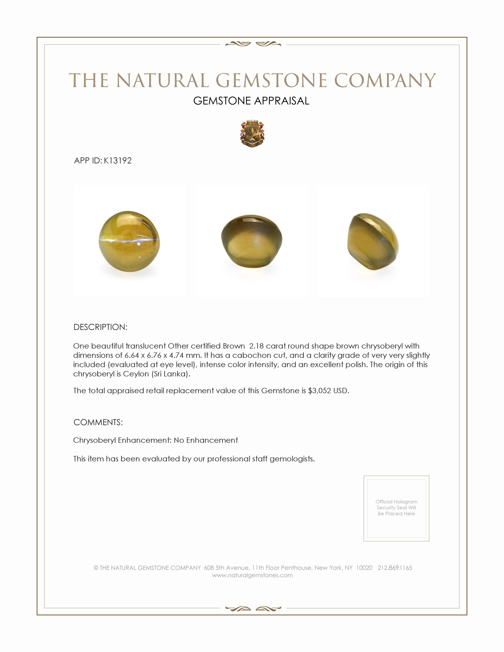 2.18 Ct. Cabochon Chrysoberyl from Ceylon (Sri Lanka)