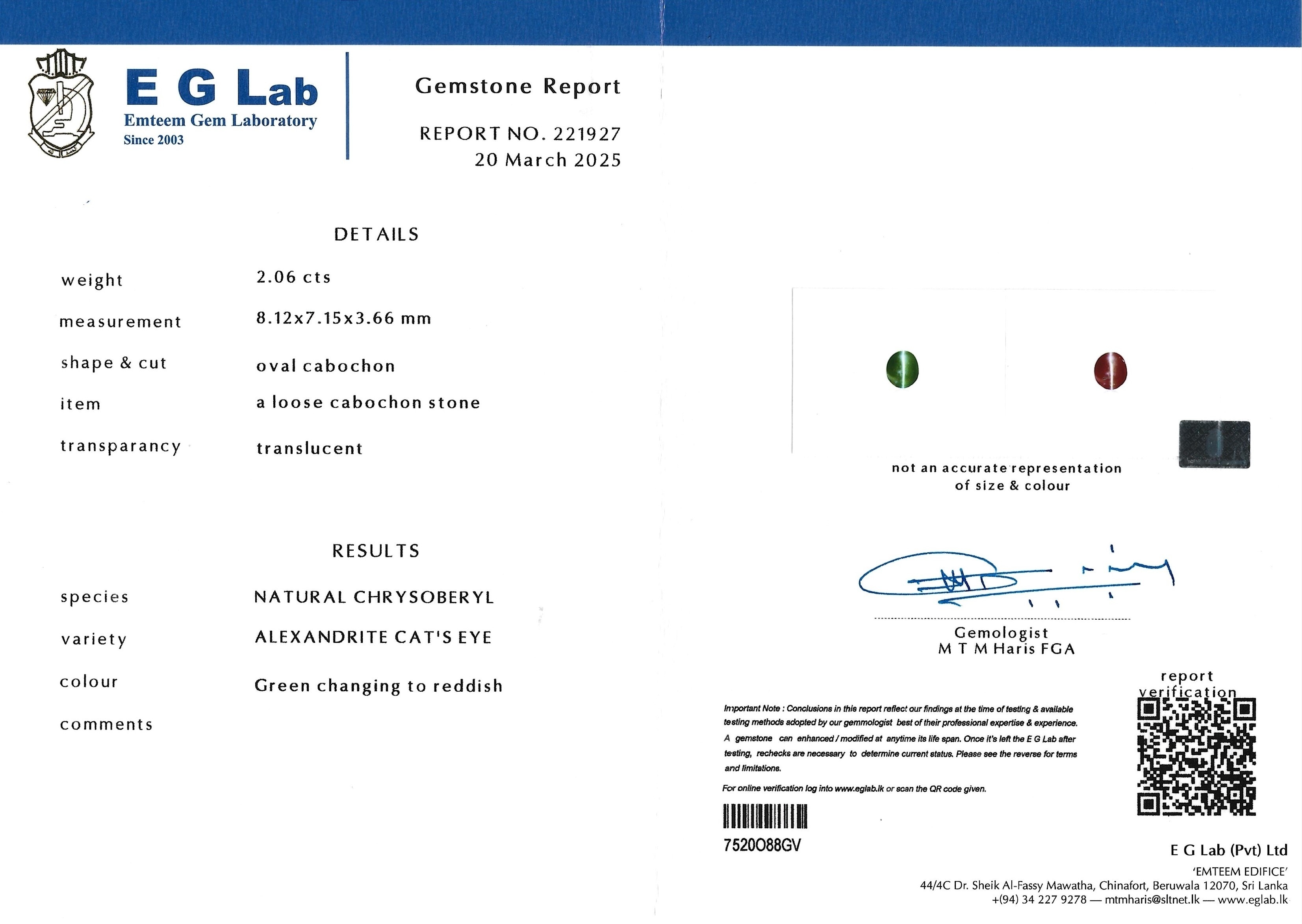 2.06 Ct. Cabochon Alexandrite from Ceylon (Sri Lanka)