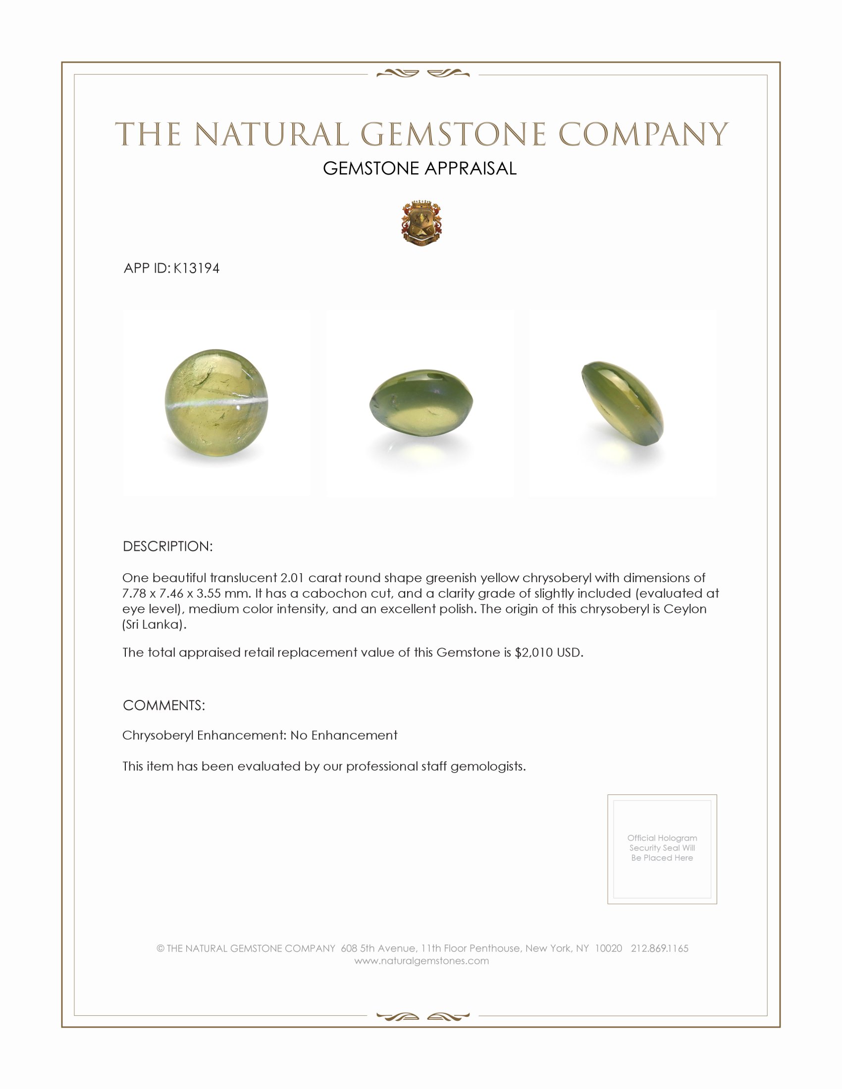 2.01 Ct. Cabochon Chrysoberyl from Ceylon (Sri Lanka)