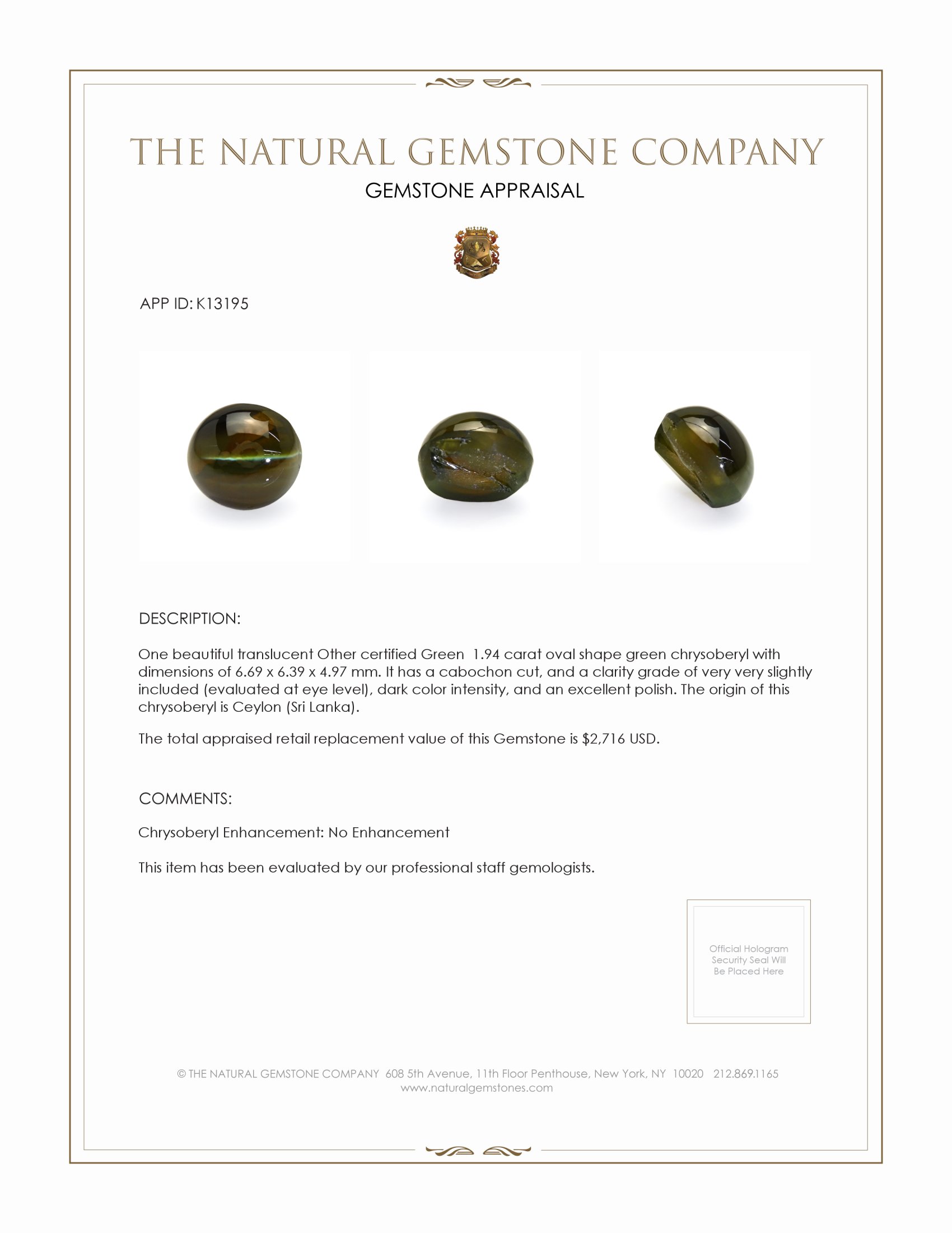 1.94 Ct. Cabochon Chrysoberyl from Ceylon (Sri Lanka)