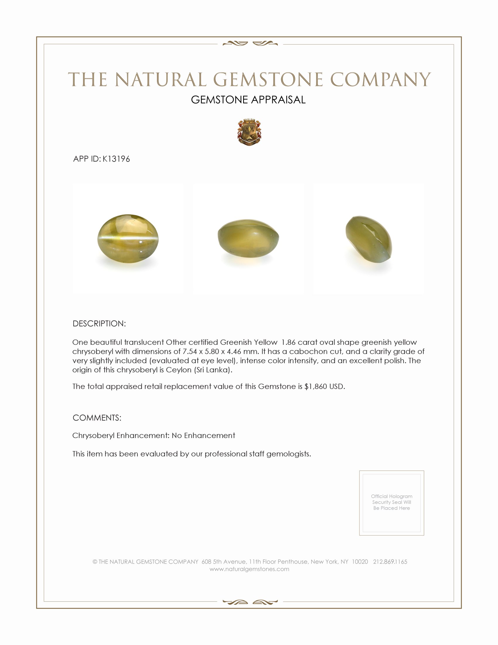 1.86 Ct. Cabochon Chrysoberyl from Ceylon (Sri Lanka)