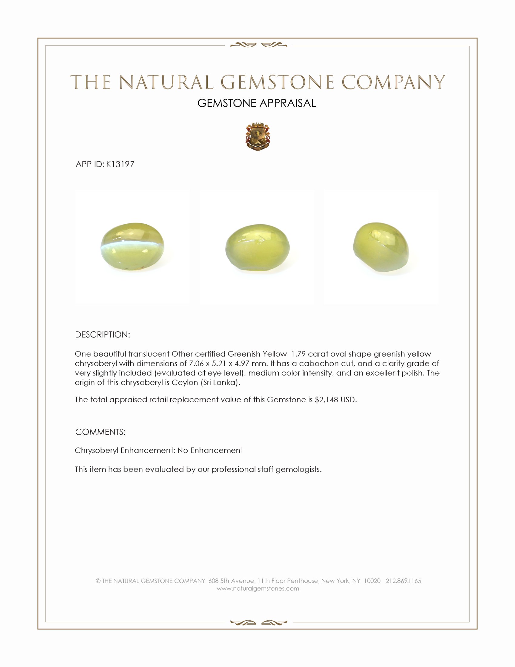 1.79 Ct. Greenish Yellow Cabochon Chrysoberyl from Ceylon (Sri Lanka)