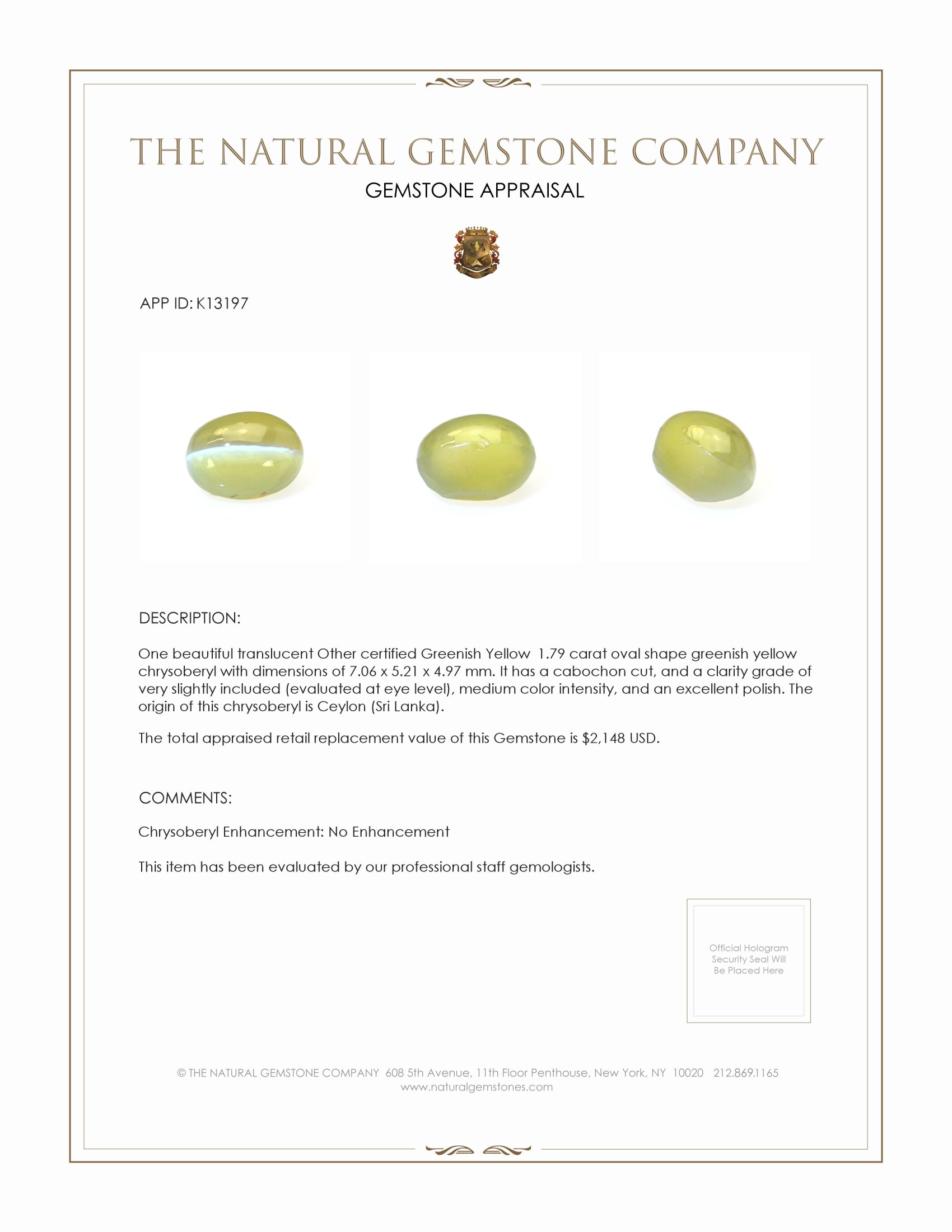 1.79 Ct. Cabochon Chrysoberyl from Ceylon (Sri Lanka)