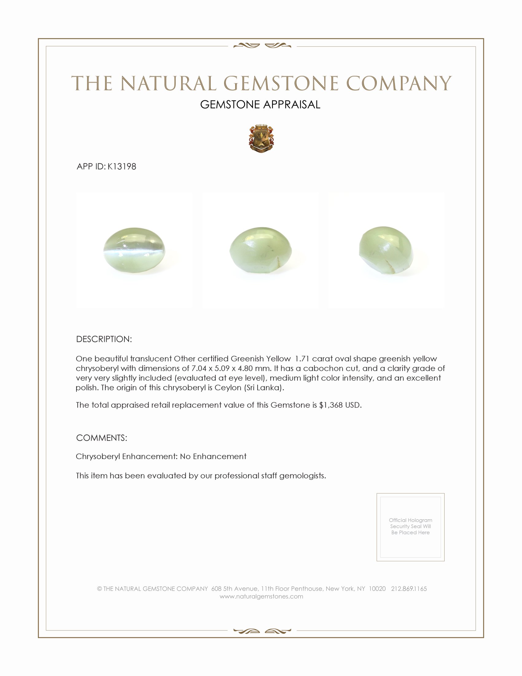 1.71 Ct. Cabochon Chrysoberyl from Ceylon (Sri Lanka)