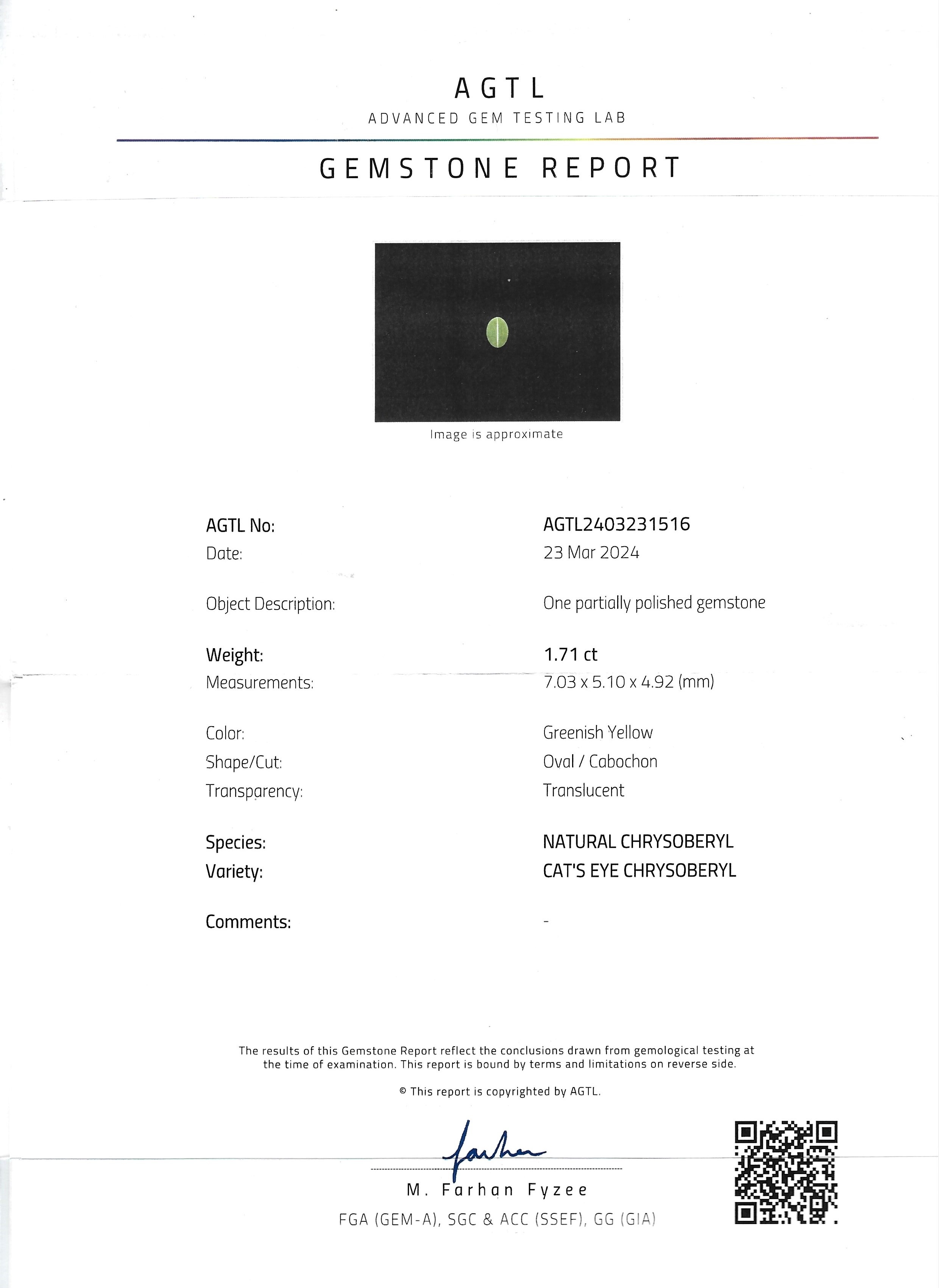 1.71 Ct. Cabochon Chrysoberyl from Ceylon (Sri Lanka)