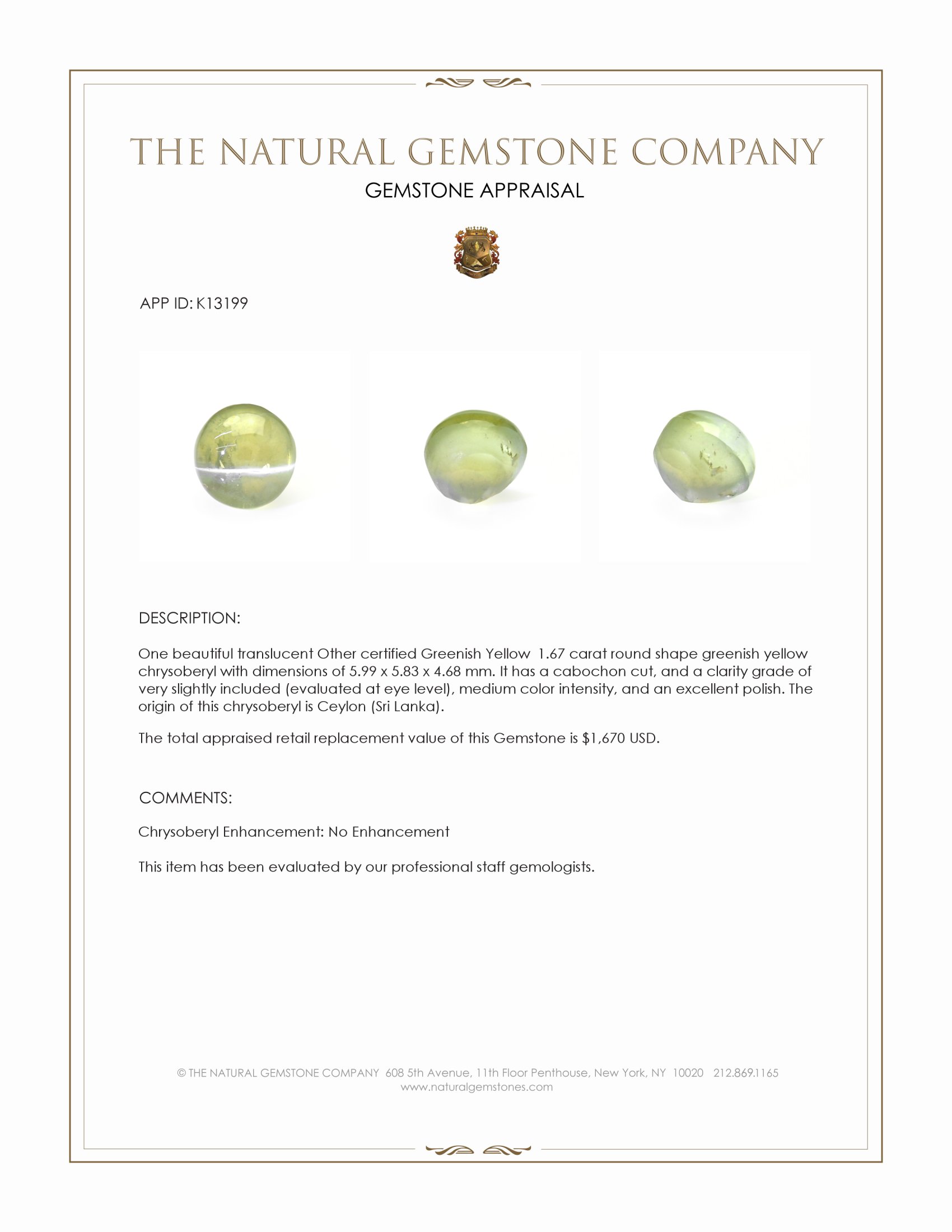 1.67 Ct. Greenish Yellow Cabochon Chrysoberyl from Ceylon (Sri Lanka)