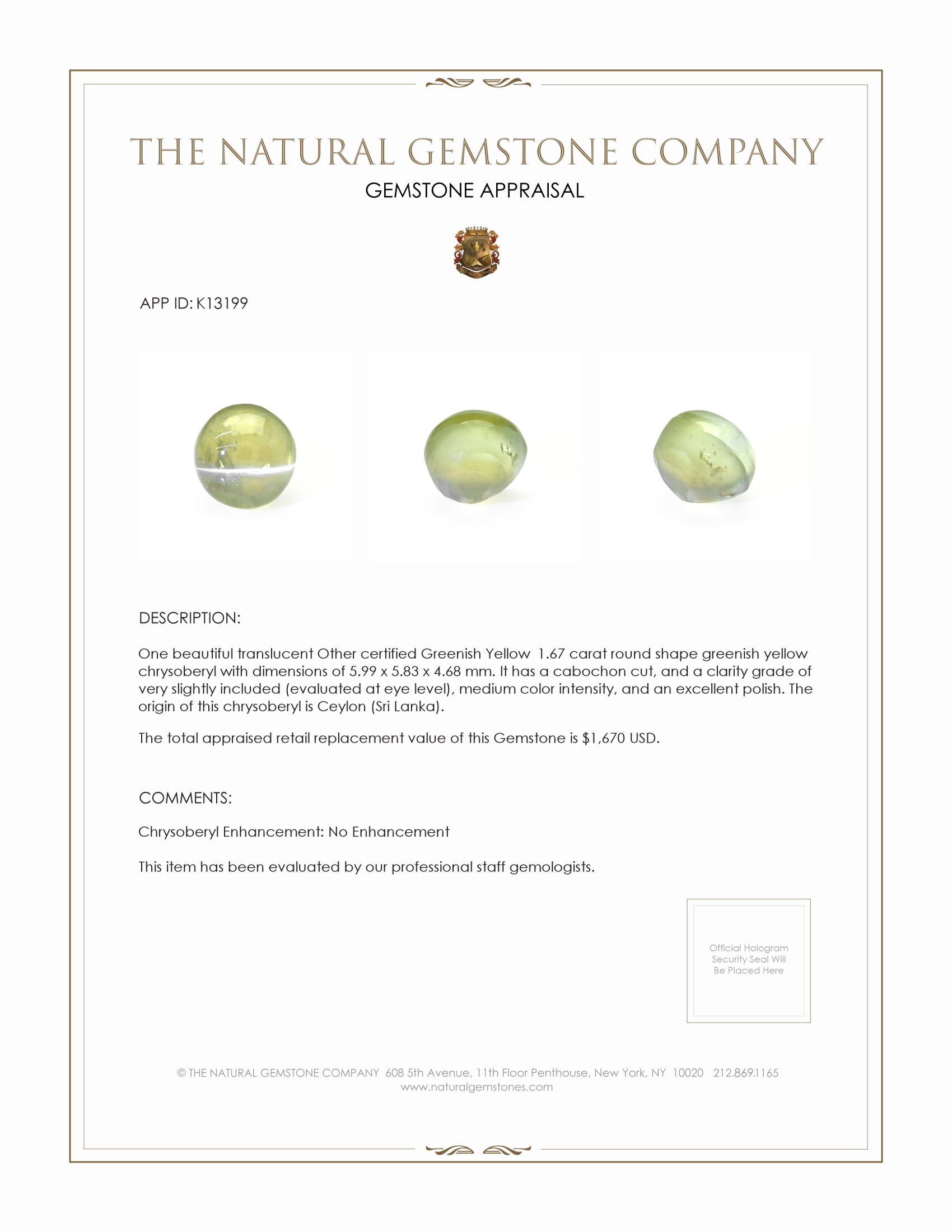 1.67 Ct. Cabochon Chrysoberyl from Ceylon (Sri Lanka)