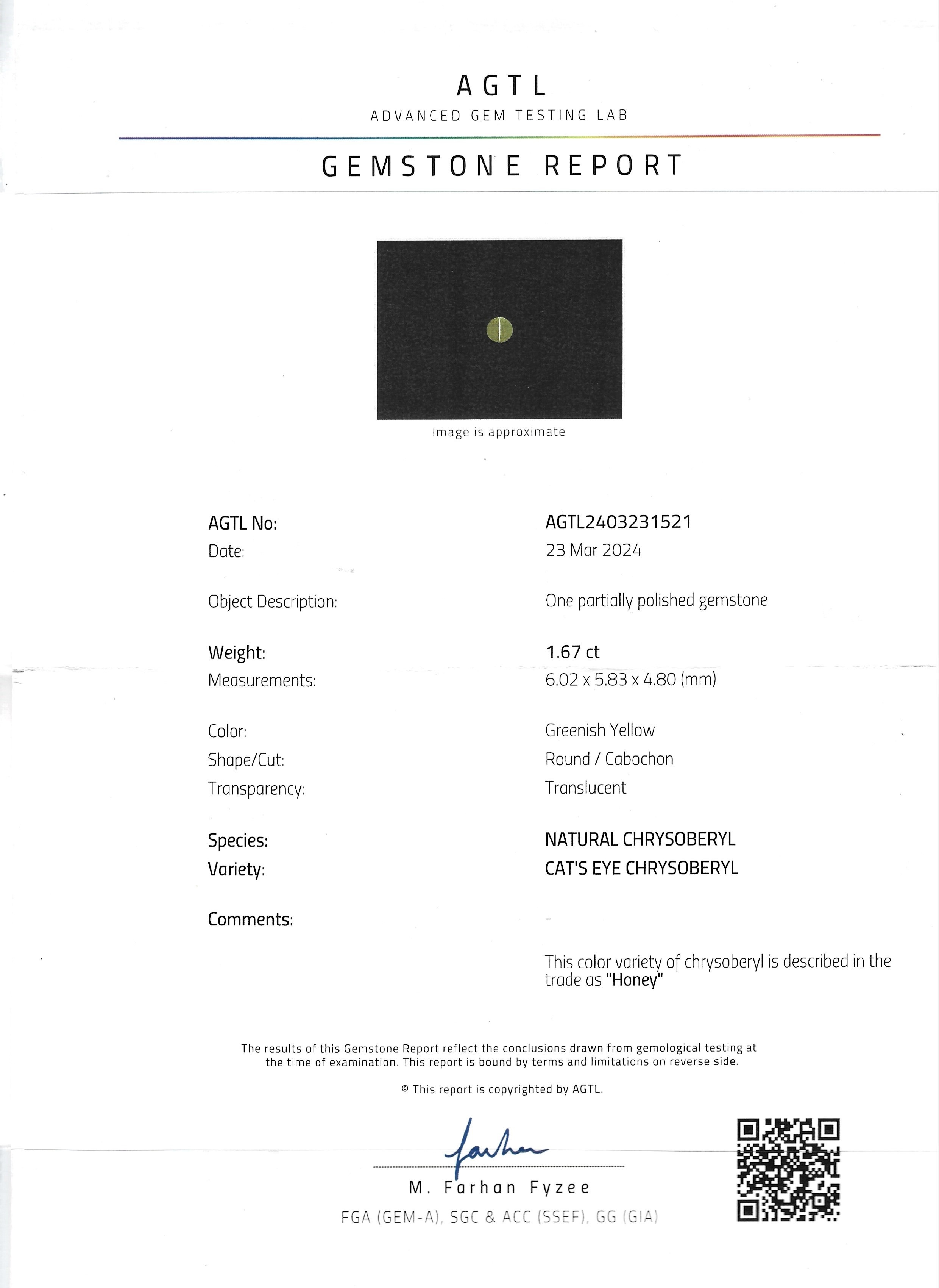 1.67 Ct. Cabochon Chrysoberyl from Ceylon (Sri Lanka)