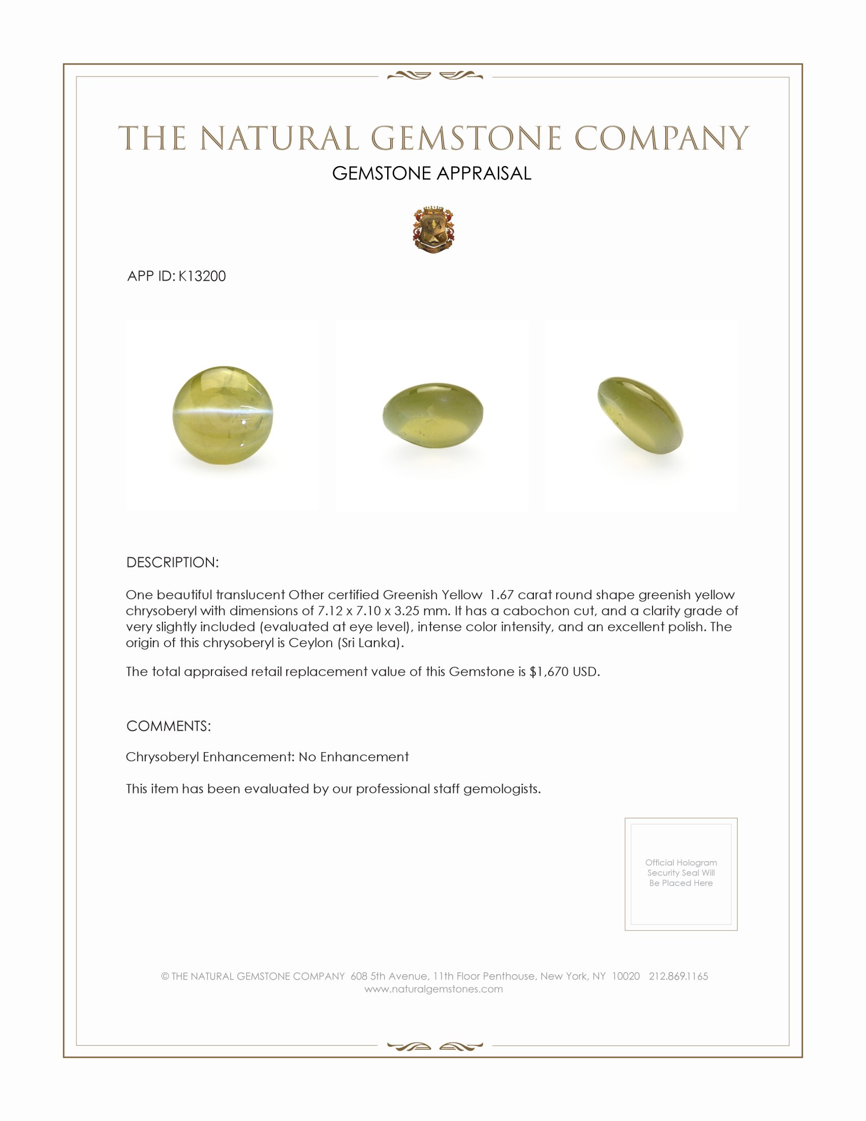 1.67 Ct. Cabochon Chrysoberyl from Ceylon (Sri Lanka)