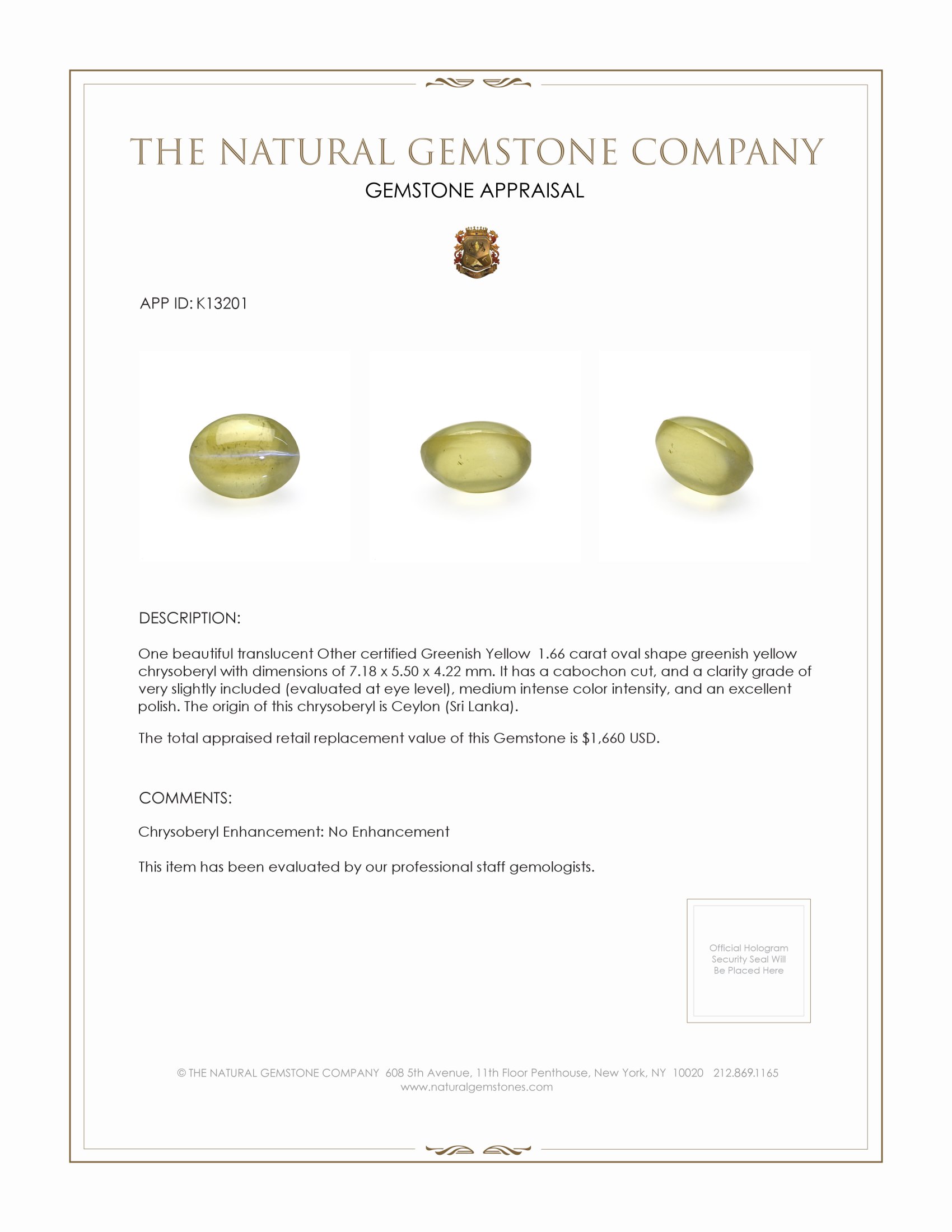 1.66 Ct. Cabochon Chrysoberyl from Ceylon (Sri Lanka)