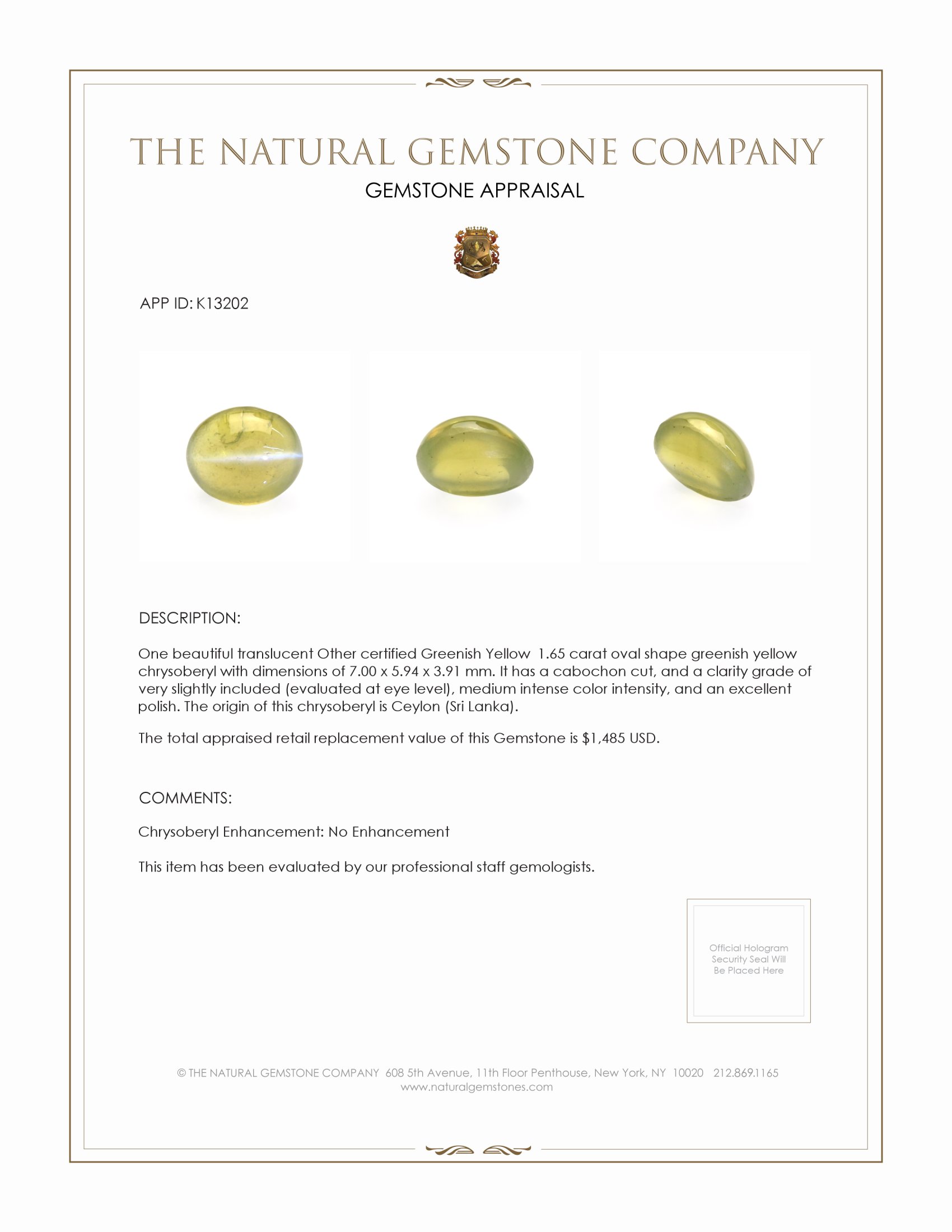 1.65 Ct. Cabochon Chrysoberyl from Ceylon (Sri Lanka)