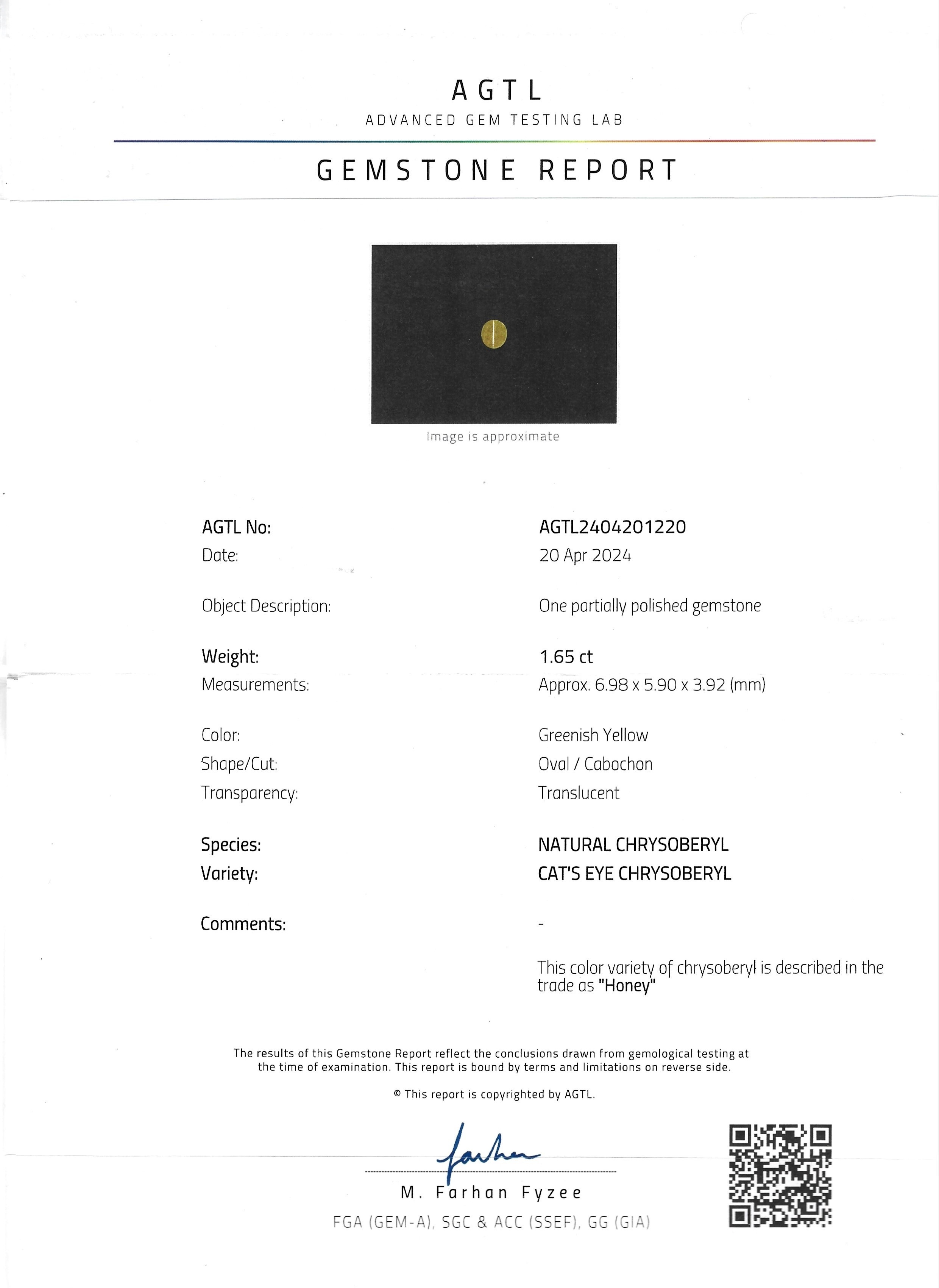 1.65 Ct. Cabochon Chrysoberyl from Ceylon (Sri Lanka)