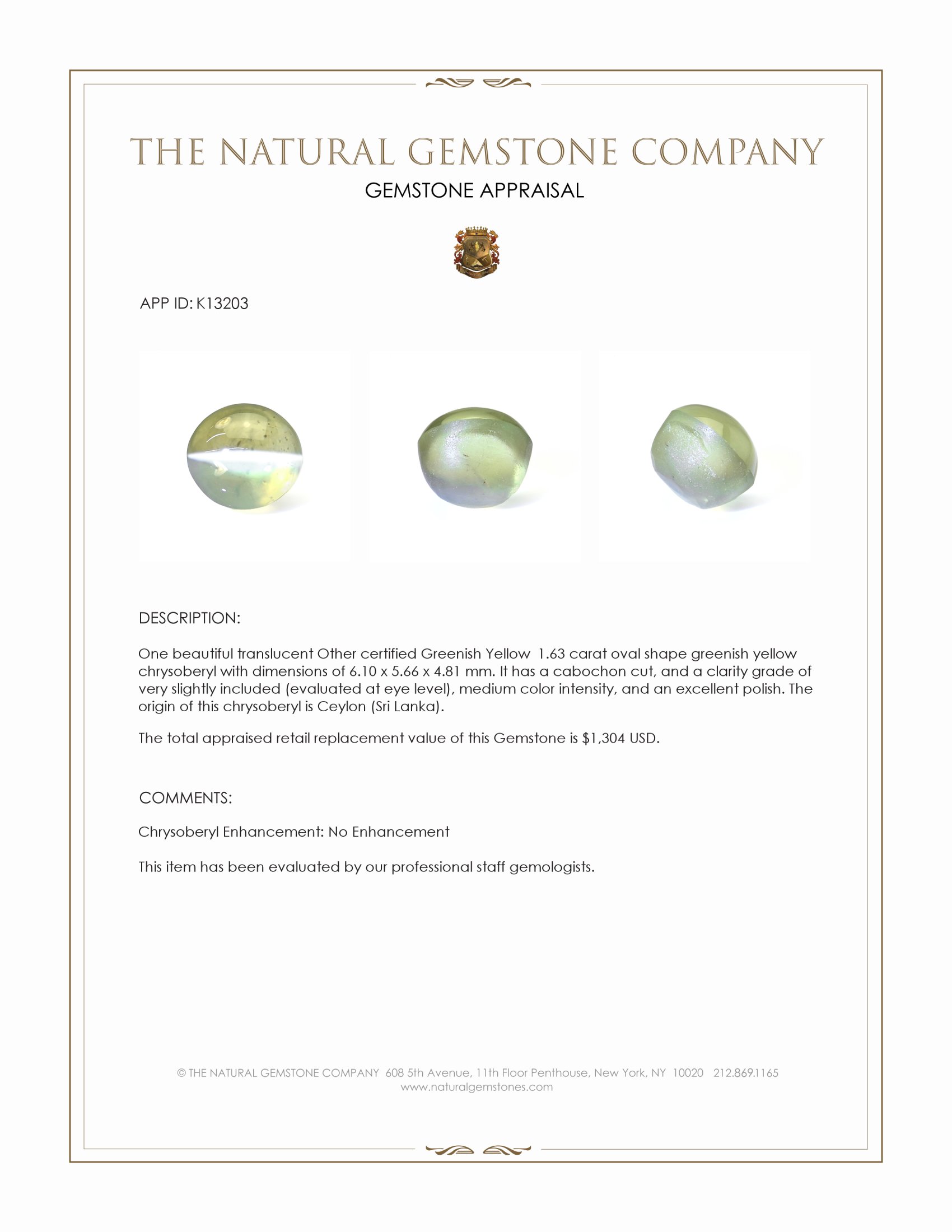 1.63 Ct. Greenish Yellow Cabochon Chrysoberyl from Ceylon (Sri Lanka)