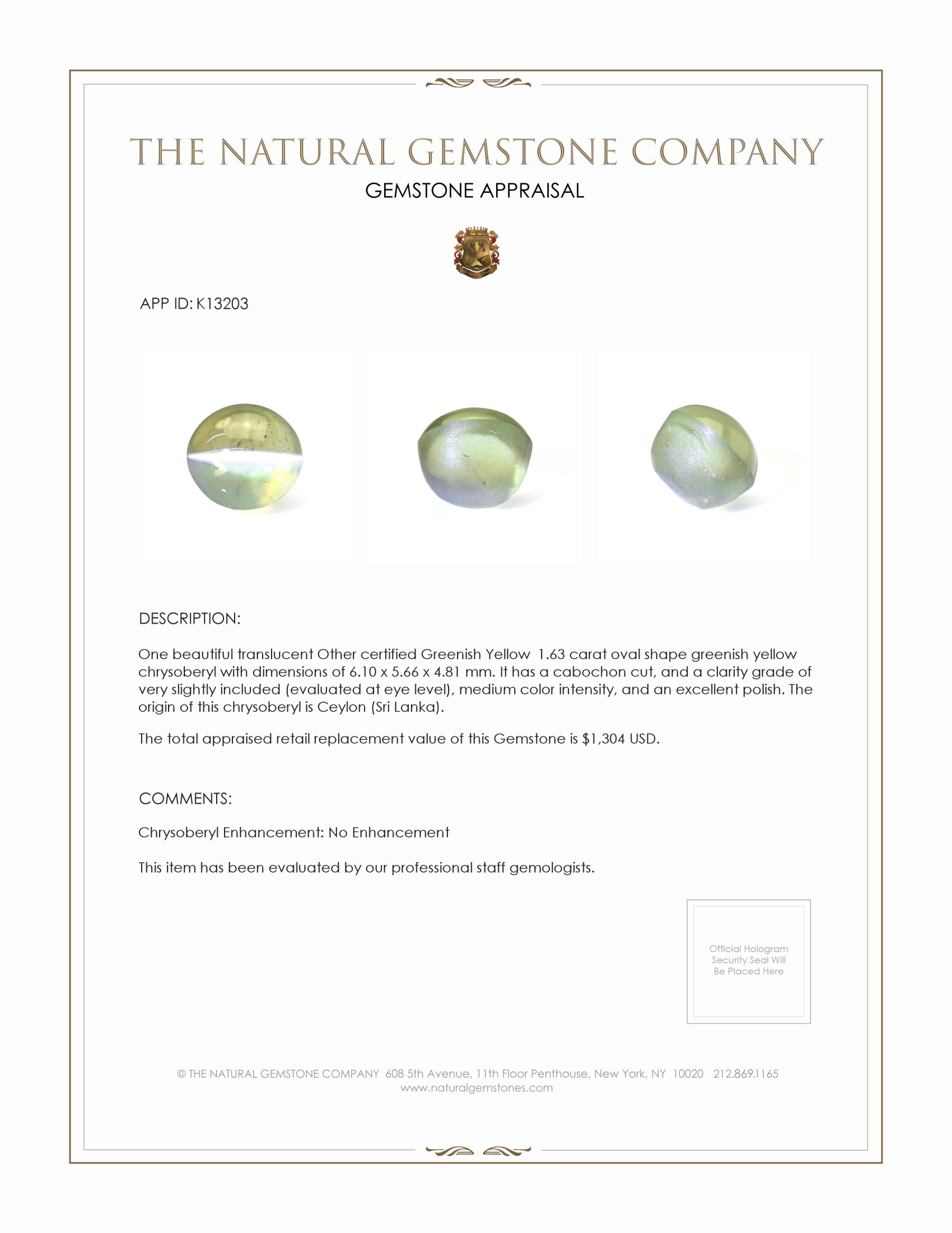 1.63 Ct. Cabochon Chrysoberyl from Ceylon (Sri Lanka)