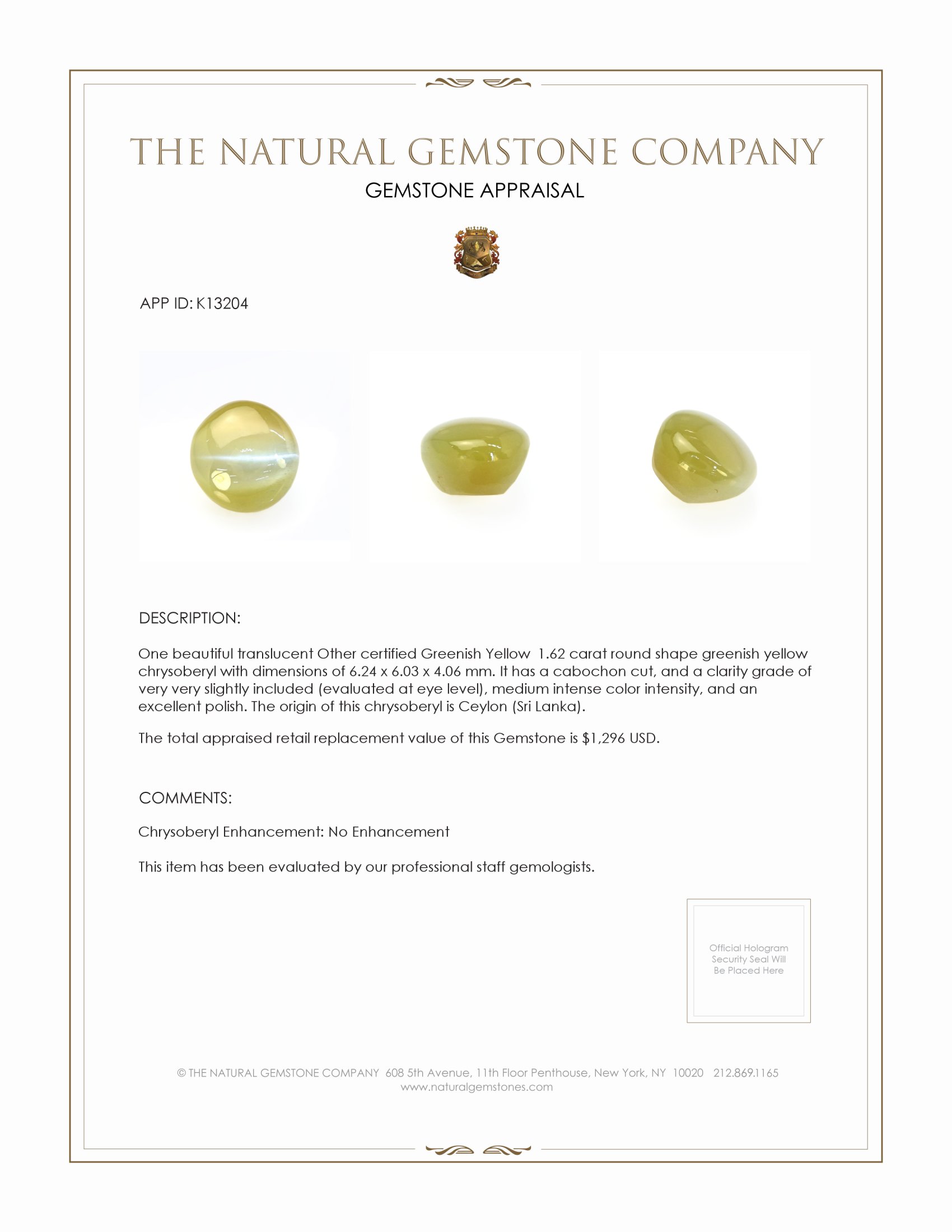 1.62 Ct. Cabochon Chrysoberyl from Ceylon (Sri Lanka)