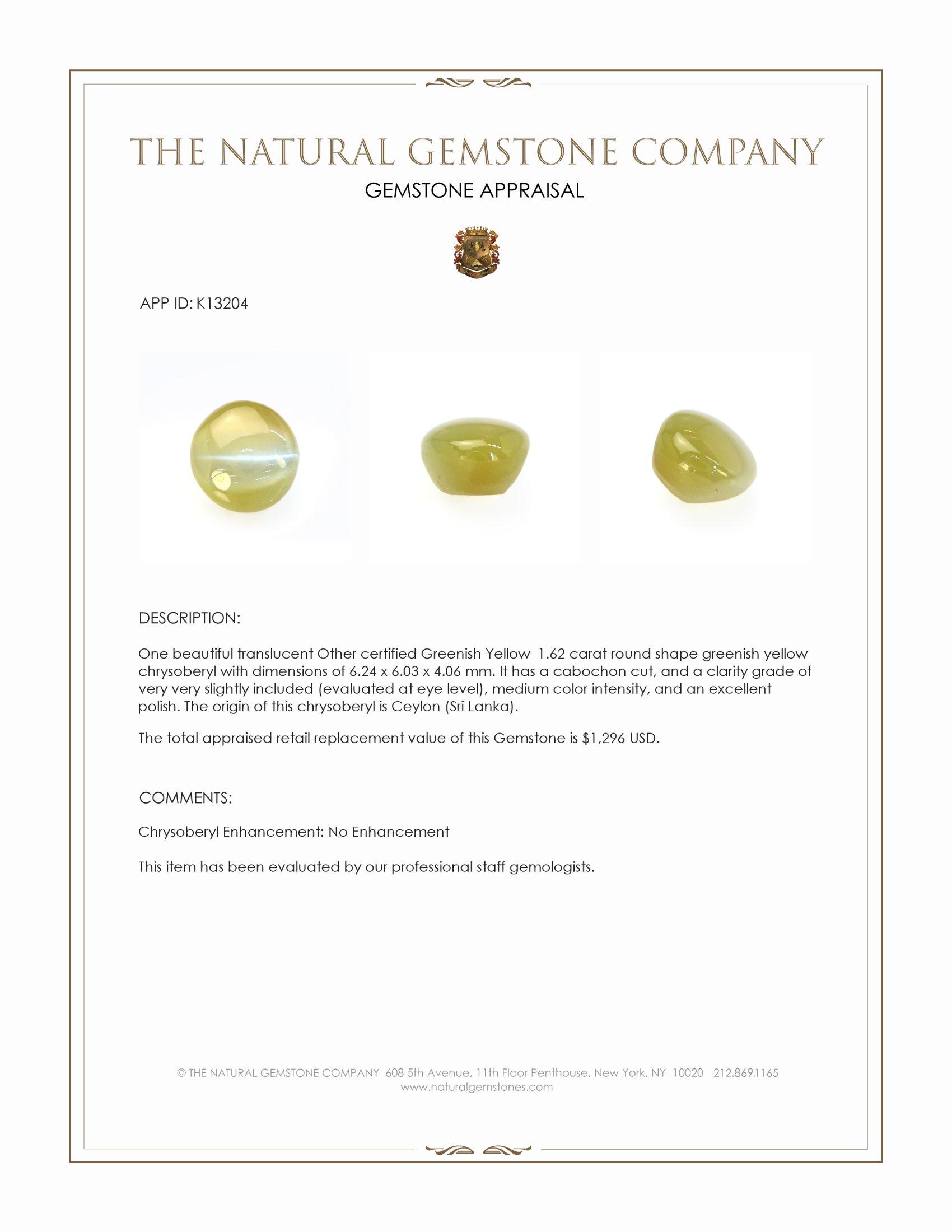 1.62 Ct. Cabochon Chrysoberyl from Ceylon (Sri Lanka)