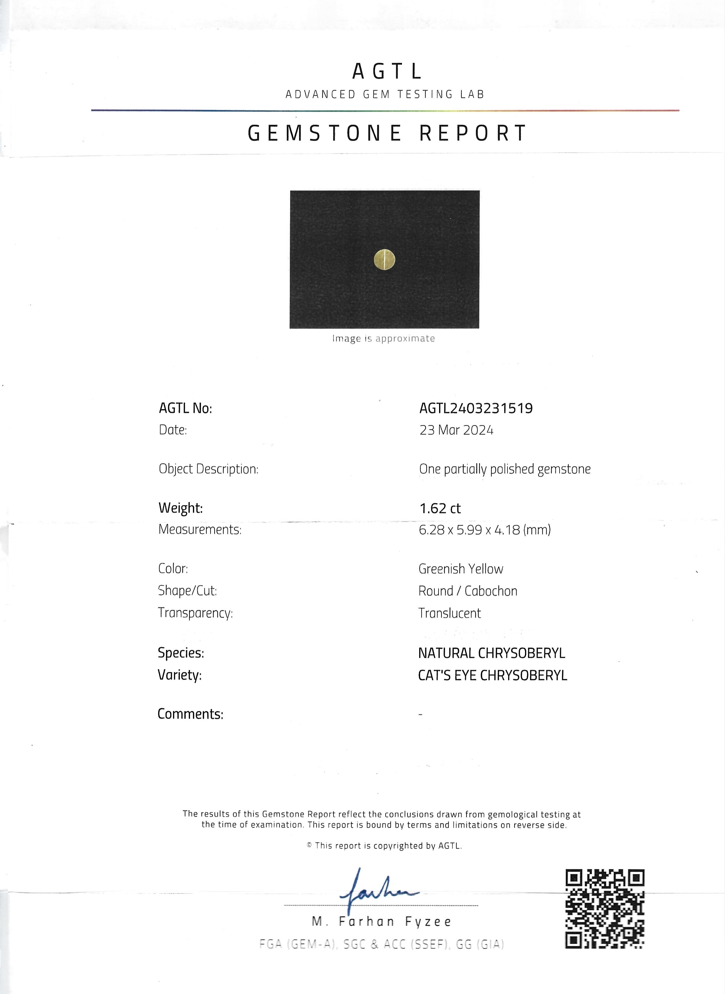 1.62 Ct. Cabochon Chrysoberyl from Ceylon (Sri Lanka)