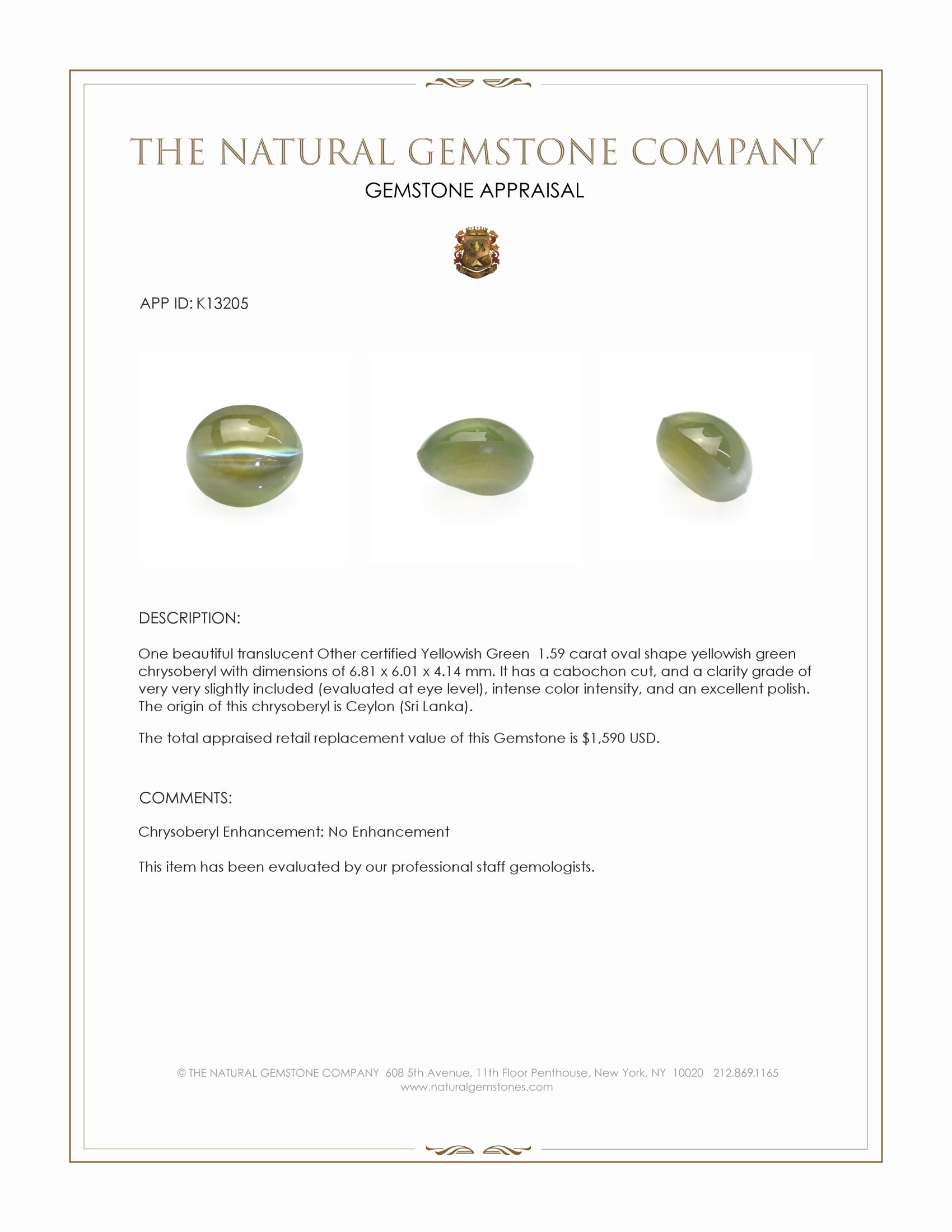 1.59 Ct. Yellowish Green Cabochon Chrysoberyl from Ceylon (Sri Lanka)