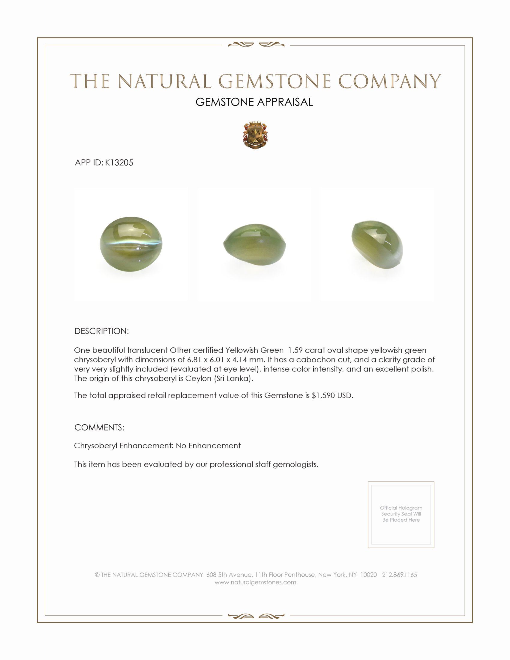 1.59 Ct. Cabochon Chrysoberyl from Ceylon (Sri Lanka)