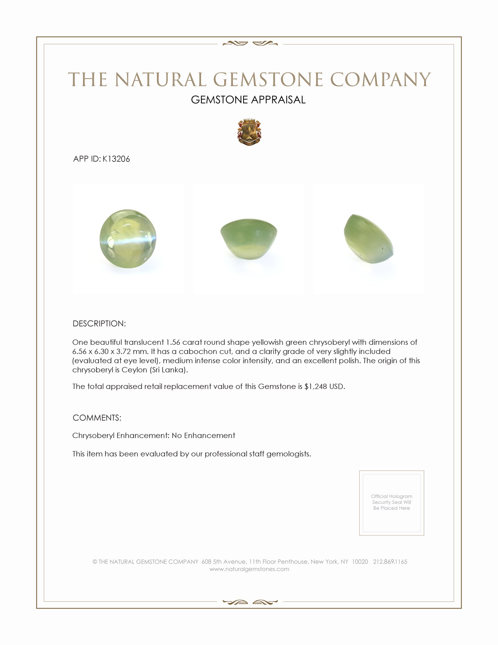 1.56 Ct. Yellowish Green Cabochon Chrysoberyl from Ceylon (Sri Lanka)