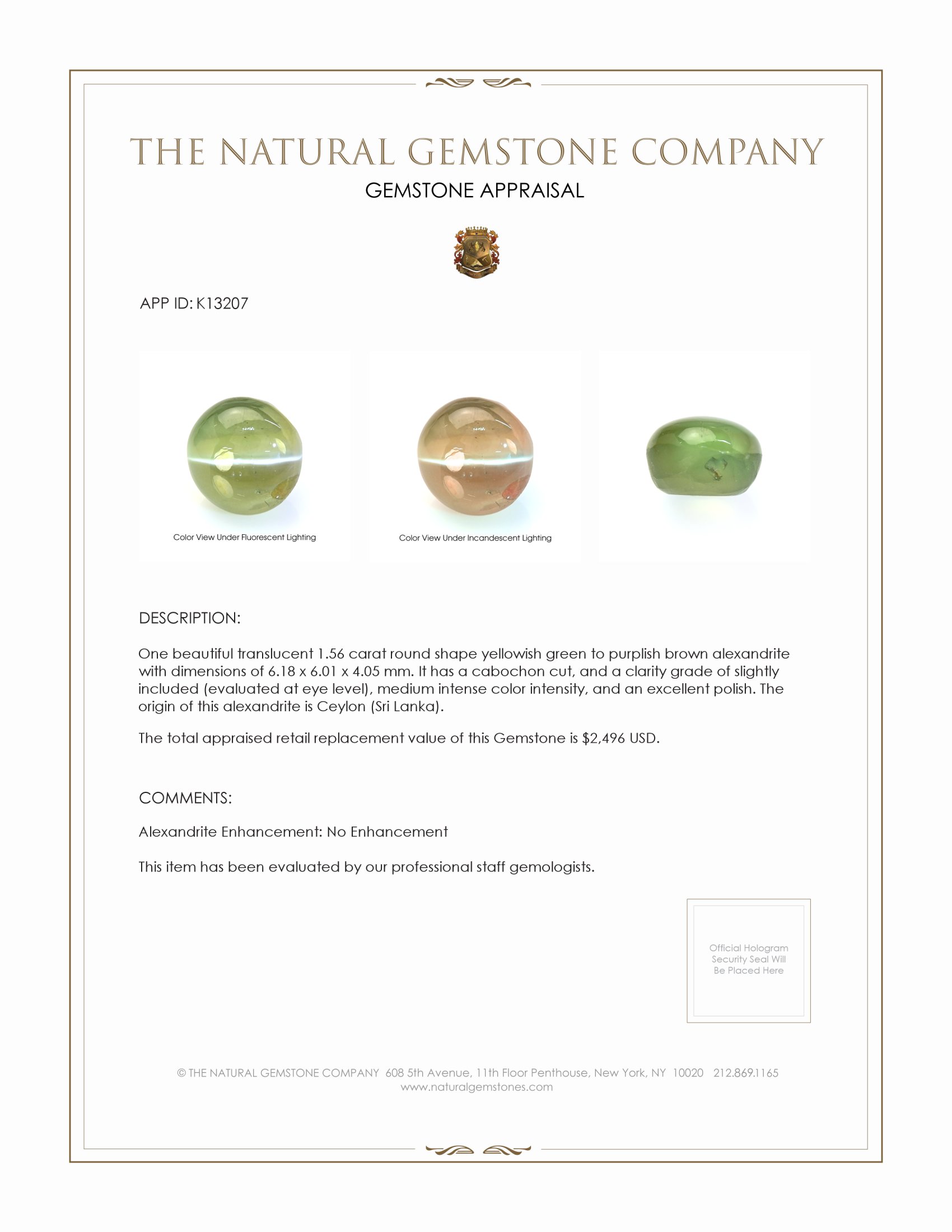 1.56 Ct. Cabochon Alexandrite from Ceylon (Sri Lanka)