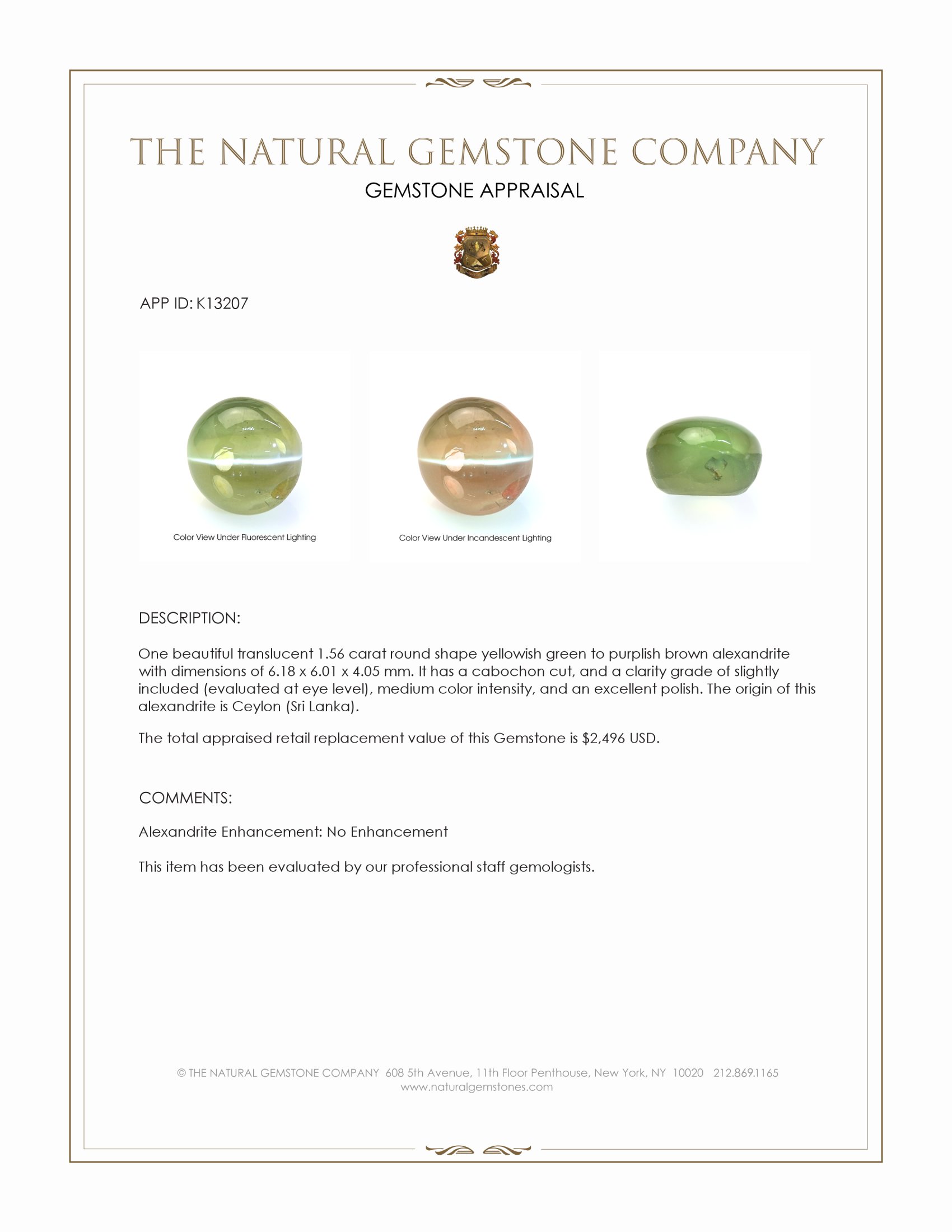 1.56 Ct. Cabochon Alexandrite from Ceylon (Sri Lanka)