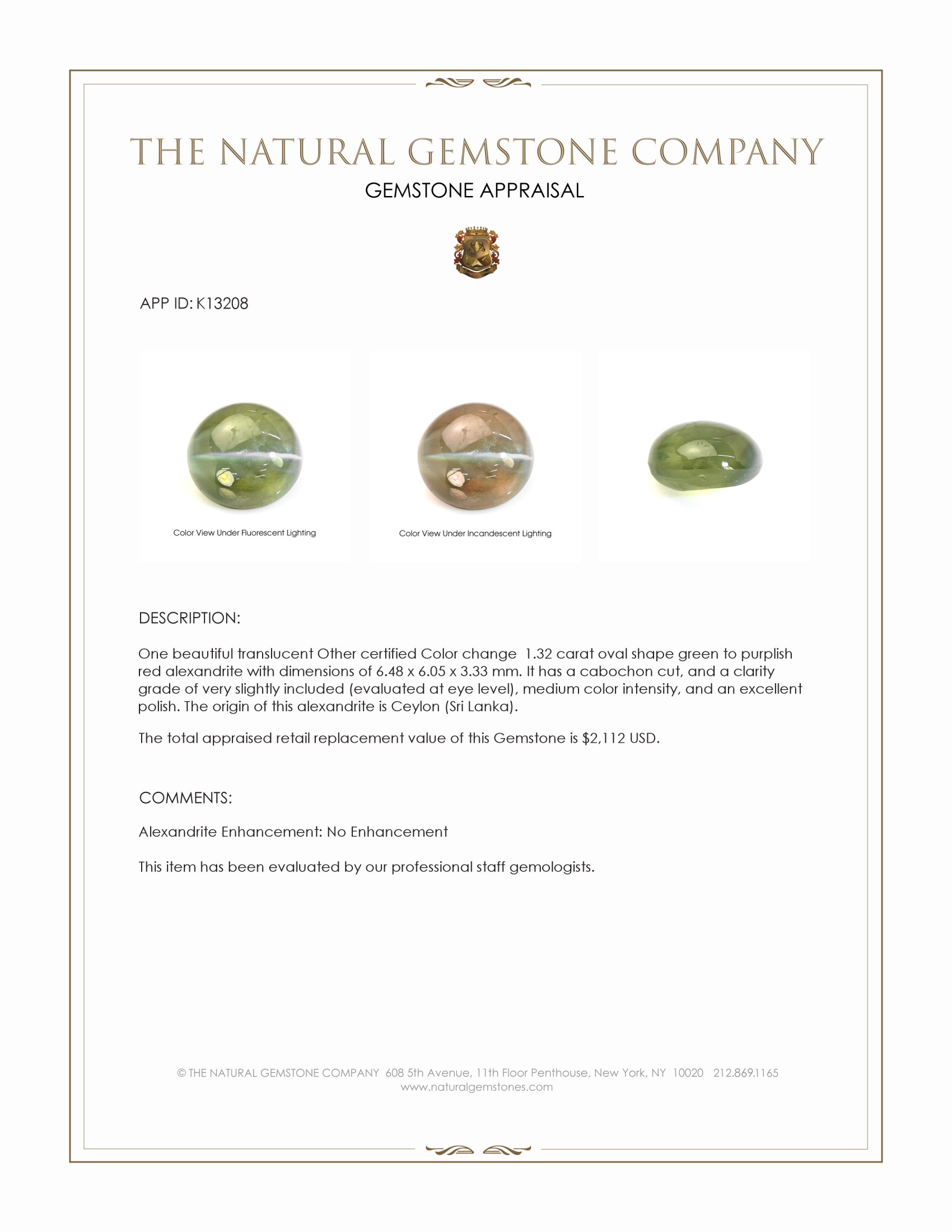 1.32 Ct. Cabochon Alexandrite from Ceylon (Sri Lanka)