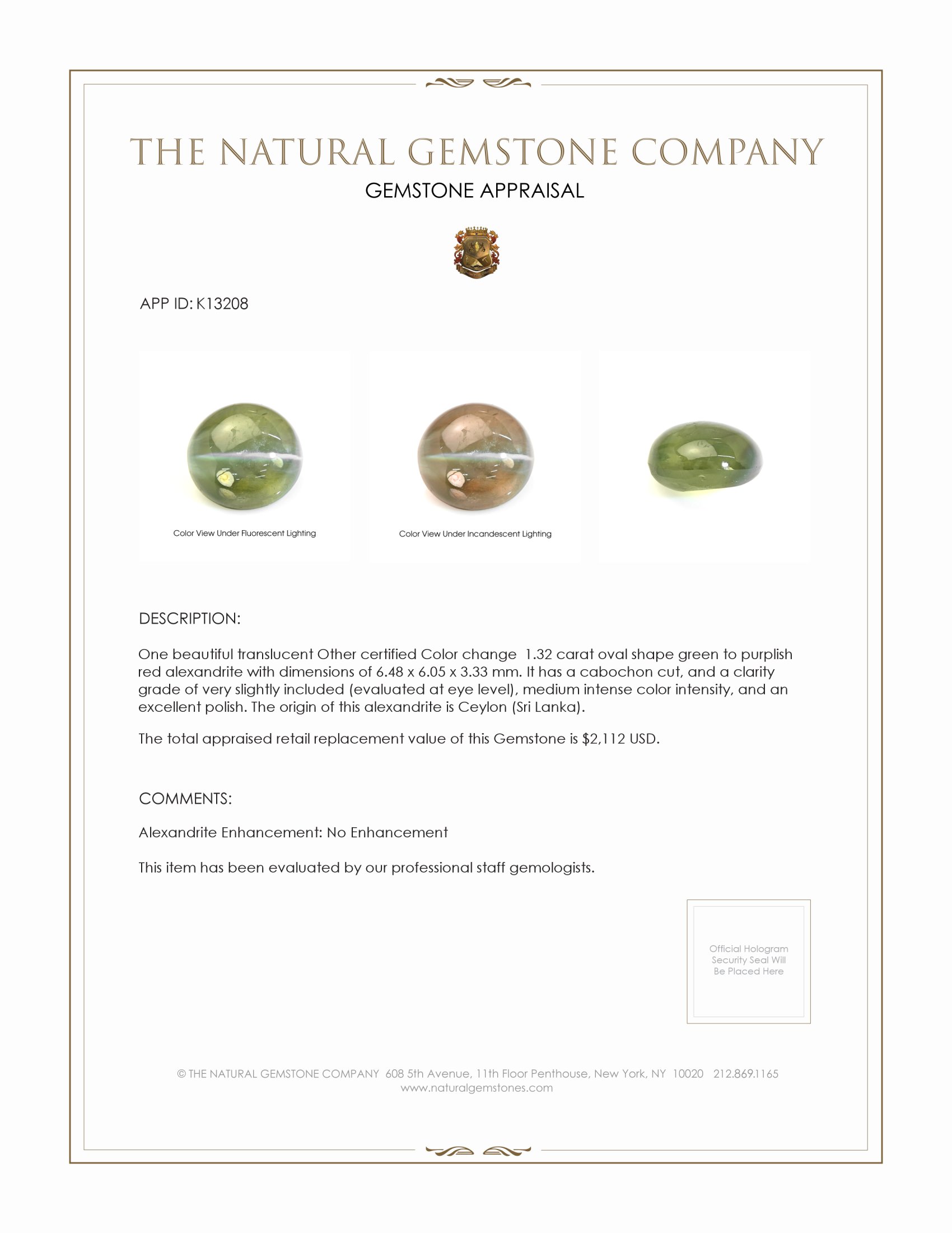 1.32 Ct. Cabochon Alexandrite from Ceylon (Sri Lanka)