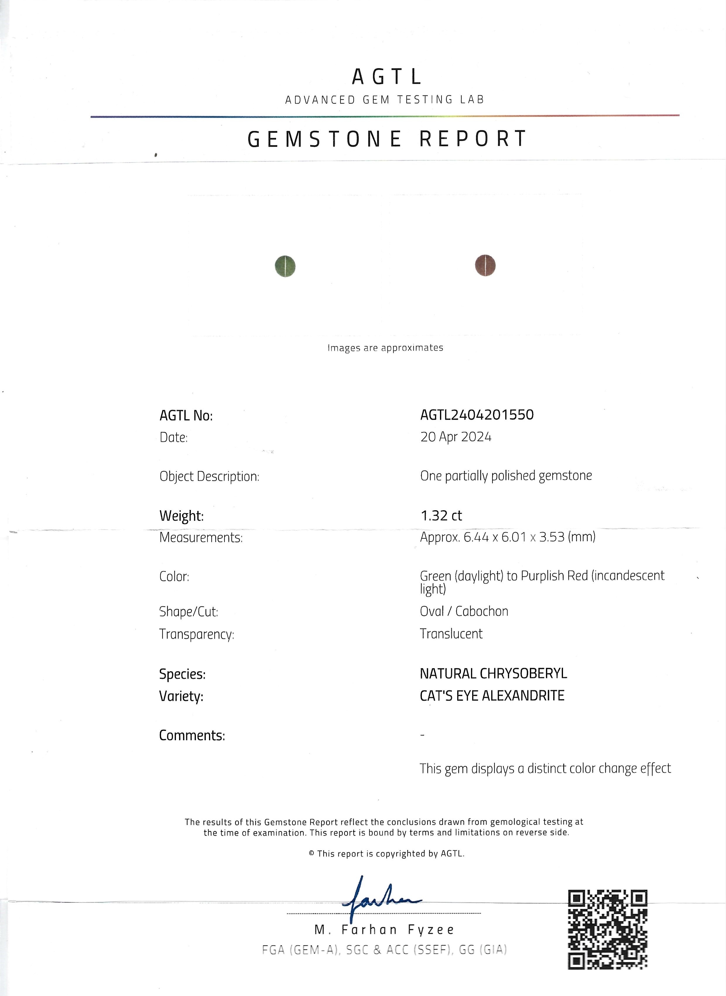 1.32 Ct. Cabochon Alexandrite from Ceylon (Sri Lanka)