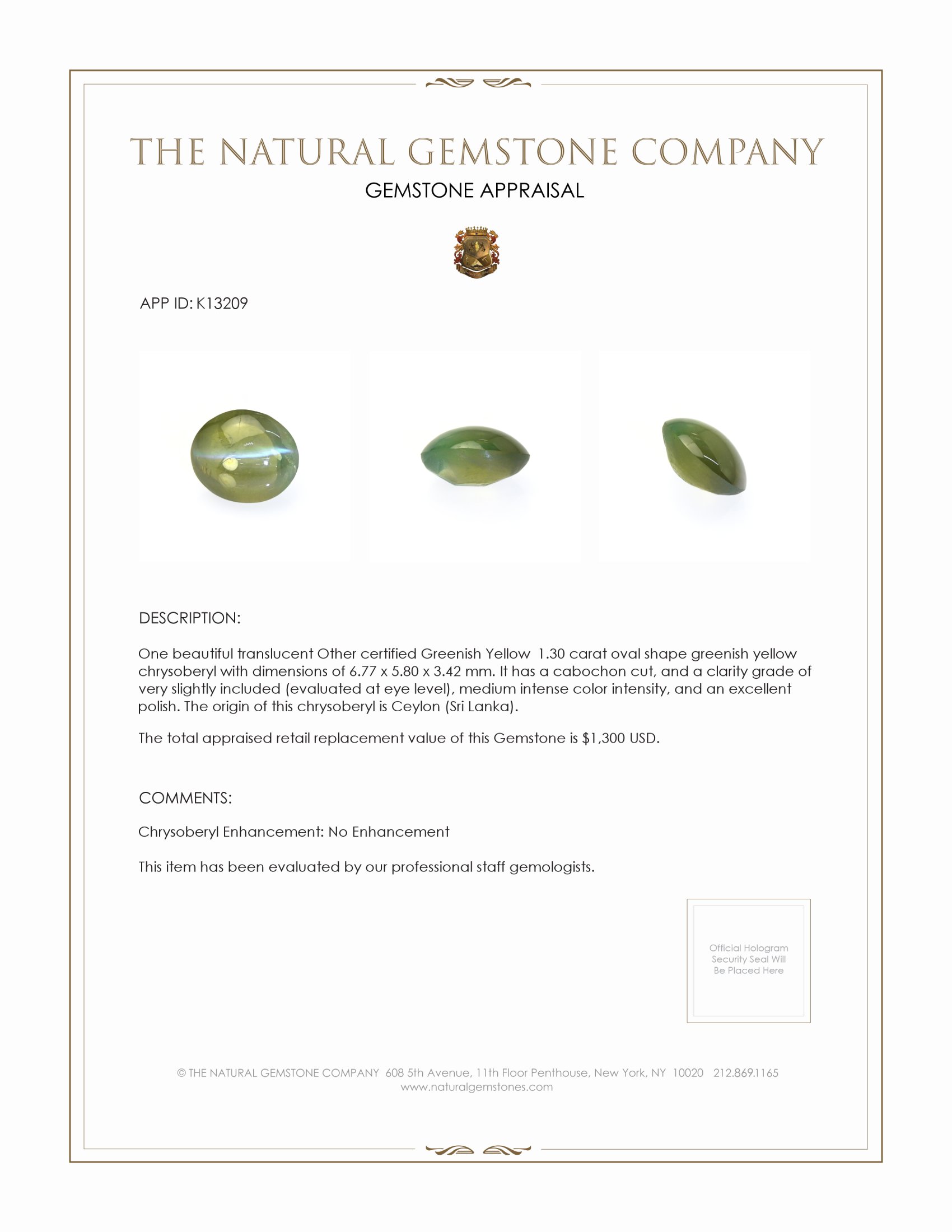 1.30 Ct. Cabochon Chrysoberyl from Ceylon (Sri Lanka)