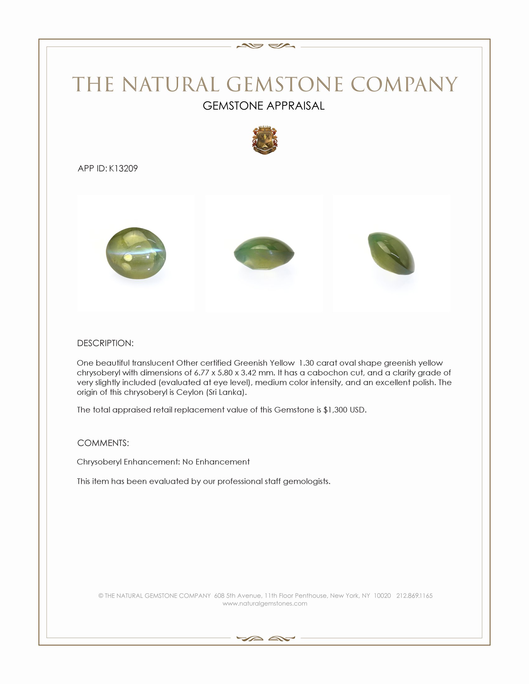 1.30 Ct. Greenish Yellow Cabochon Chrysoberyl from Ceylon (Sri Lanka)