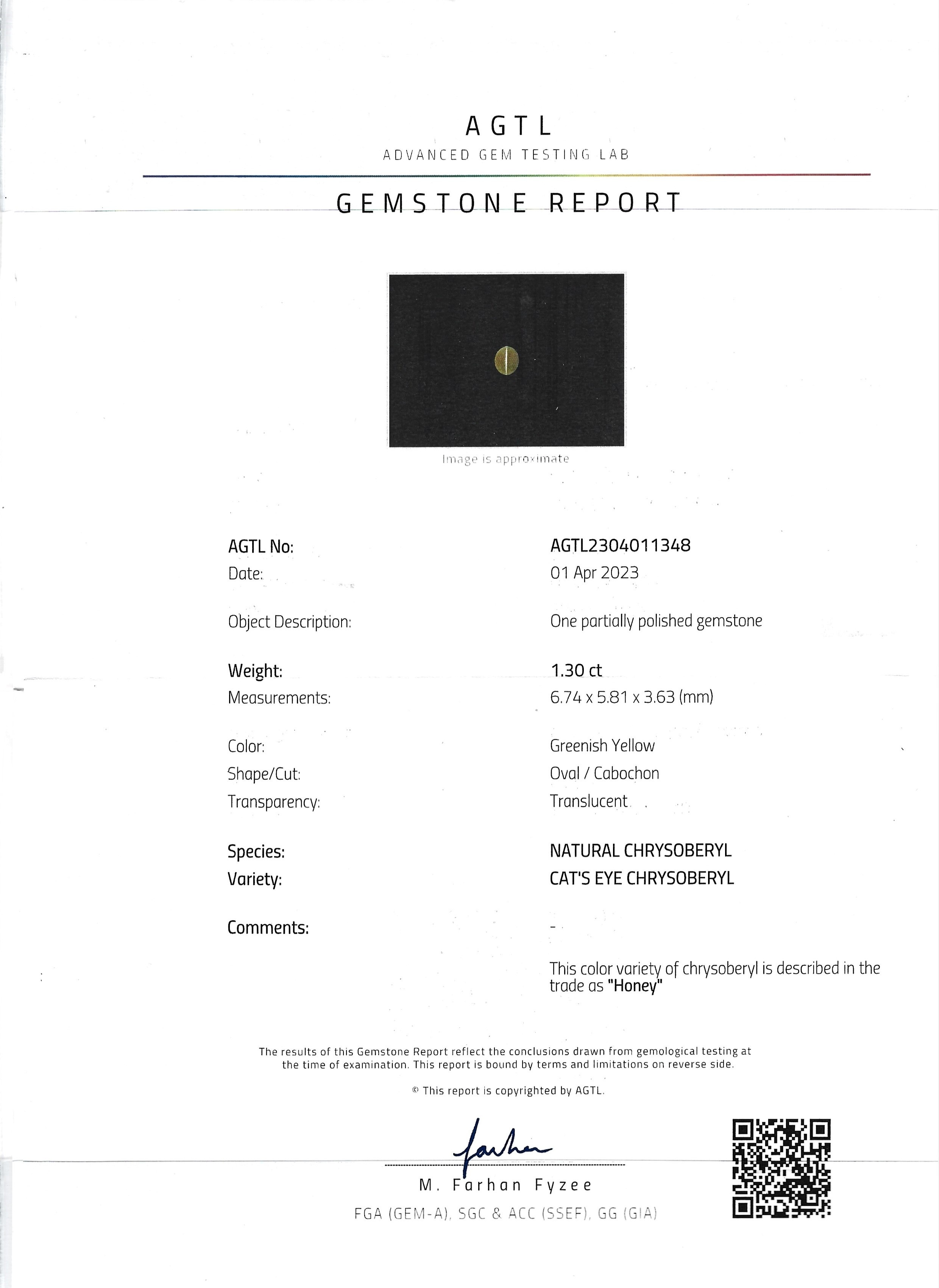 1.30 Ct. Cabochon Chrysoberyl from Ceylon (Sri Lanka)